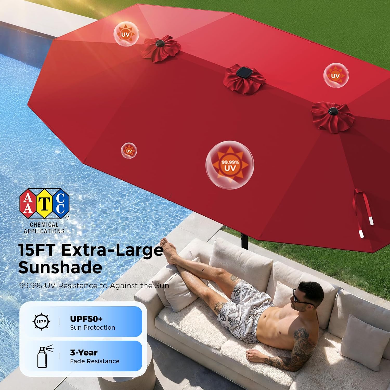 HY41LSB Double Sided Patio Umbrella with Base, 15FT Solar LED Large Outdoor Umbrella