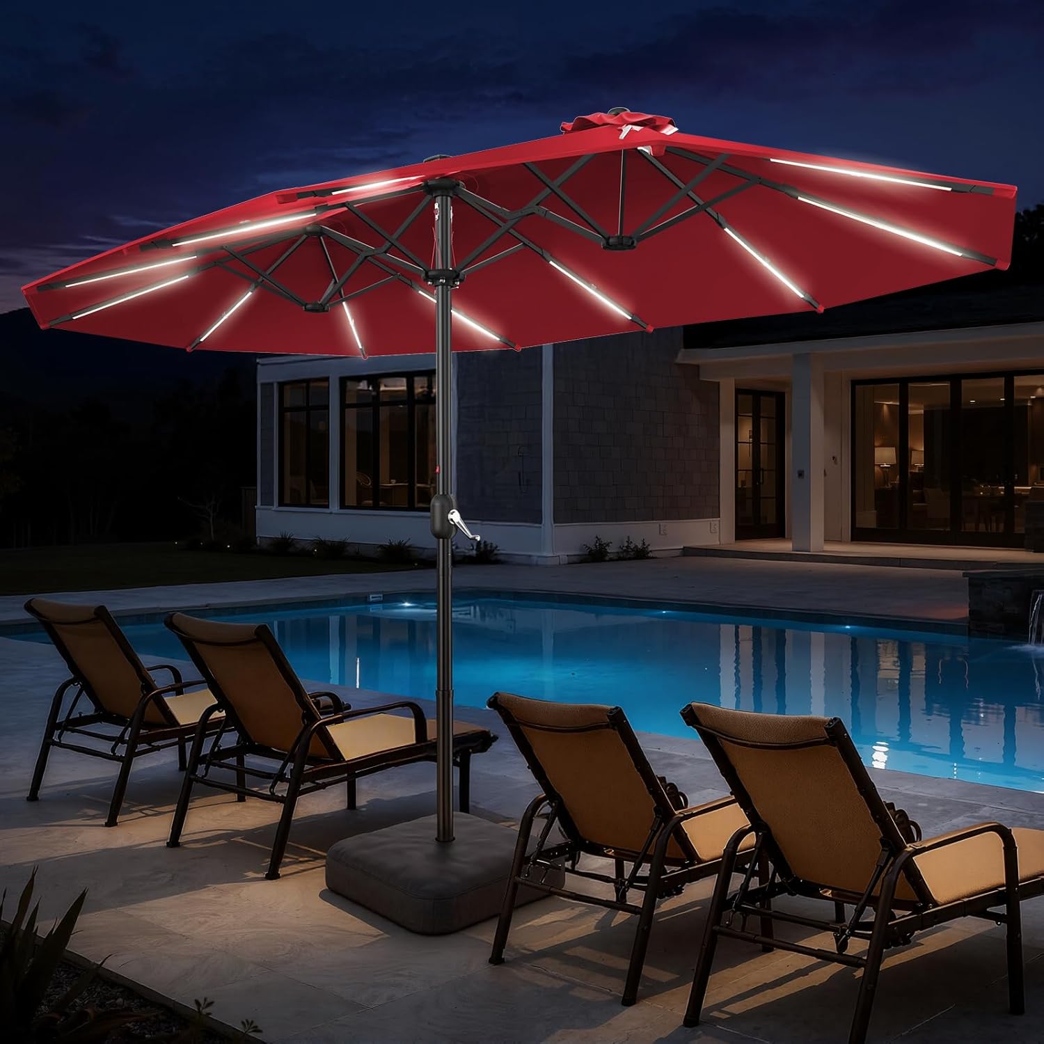 HY41LSB Double Sided Patio Umbrella with Base, 15FT Solar LED Large Outdoor Umbrella