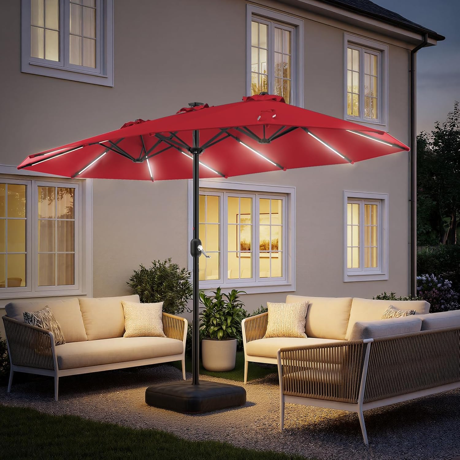 HY41LSB Double Sided Patio Umbrella with Base, 15FT Solar LED Large Outdoor Umbrella