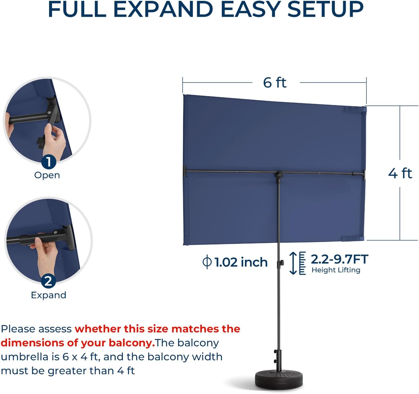 6x4 Feet Rectangular Balcony Patio Umbrella UPF50+ UV Protection with 360° Rotation & Tilt  (No Base)