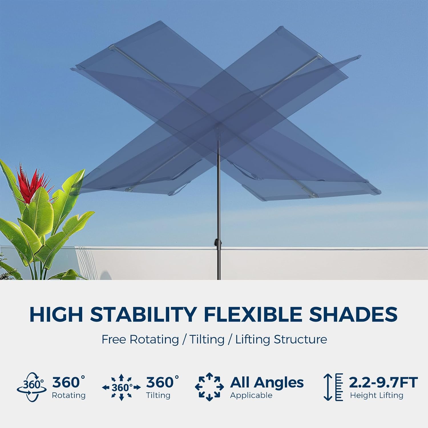 6x4 Feet Rectangular Balcony Patio Umbrella UPF50+ UV Protection with 360° Rotation & Tilt  (No Base)