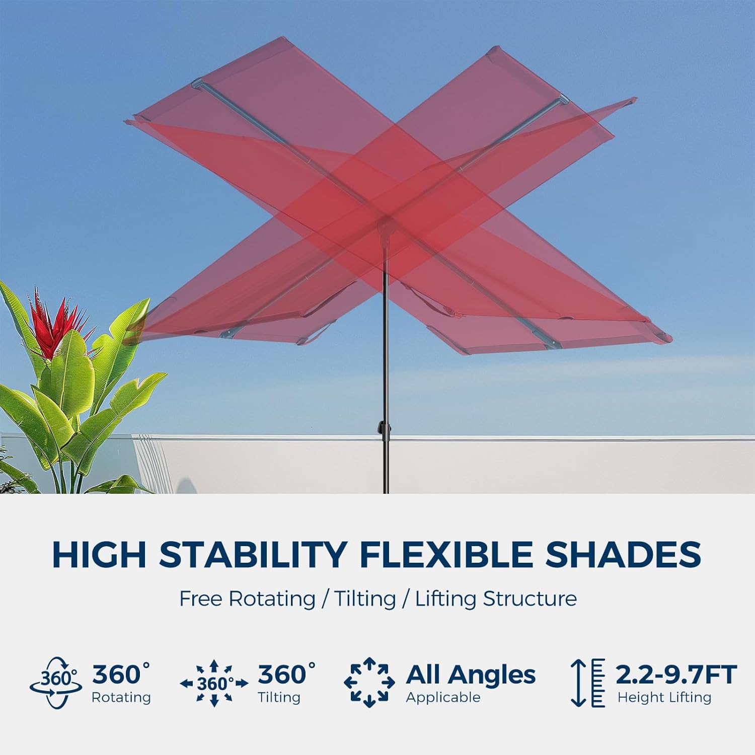 6x4 Feet Rectangular Balcony Patio Umbrella UPF50+ UV Protection with 360° Rotation & Tilt  (No Base)