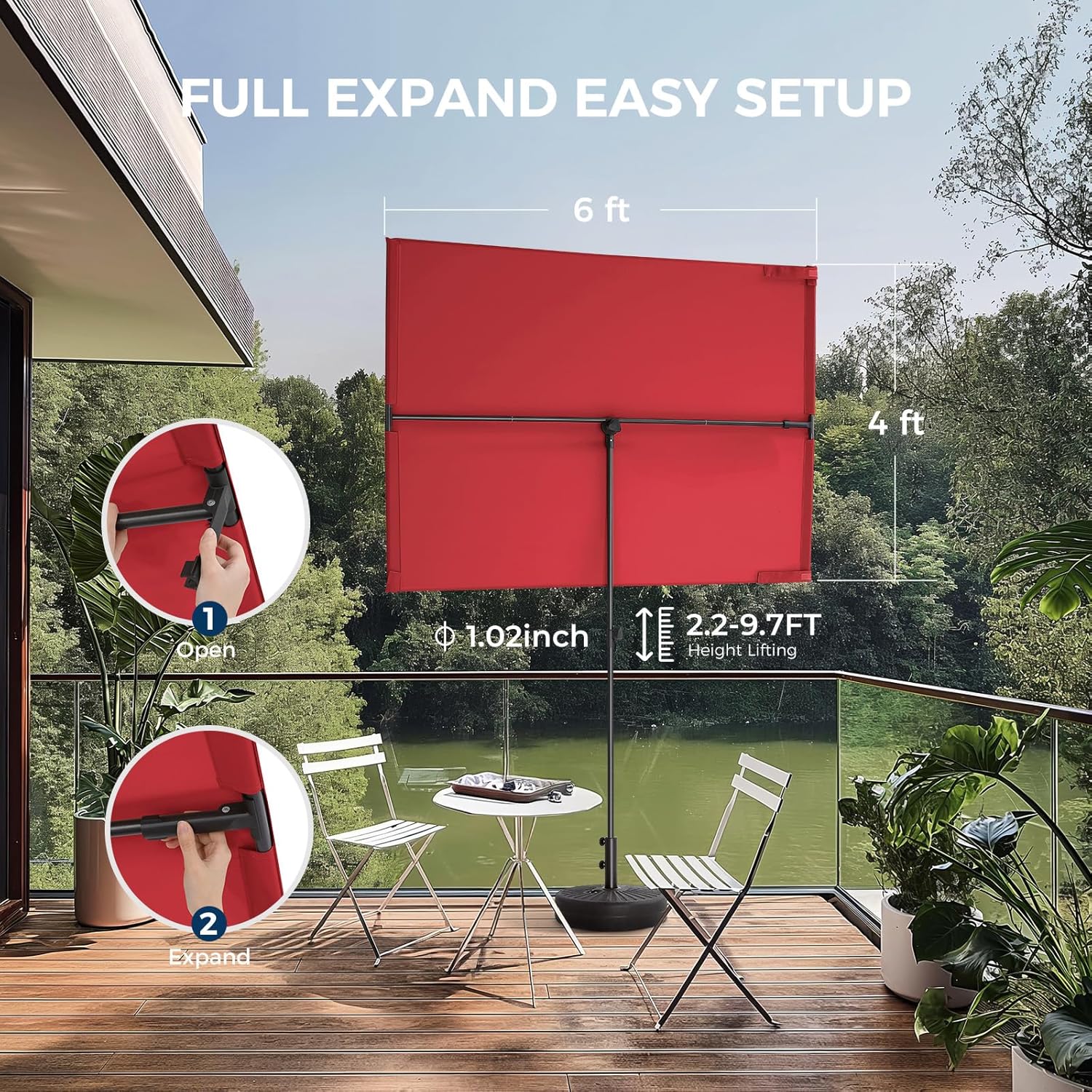 6x4 Feet Rectangular Balcony Patio Umbrella UPF50+ UV Protection with 360° Rotation & Tilt  (No Base)