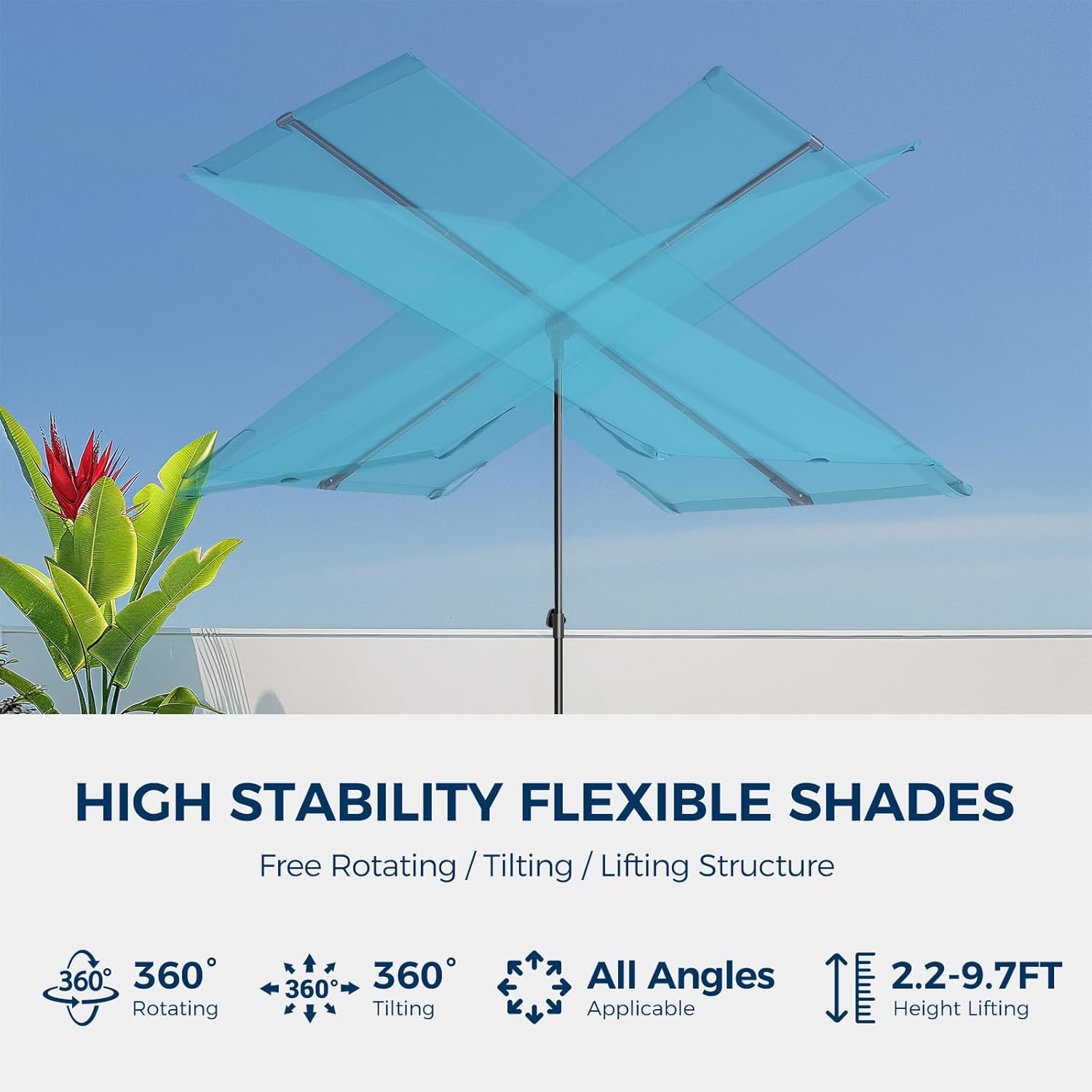 6x4 Feet Rectangular Balcony Patio Umbrella UPF50+ UV Protection with 360° Rotation & Tilt  (No Base)