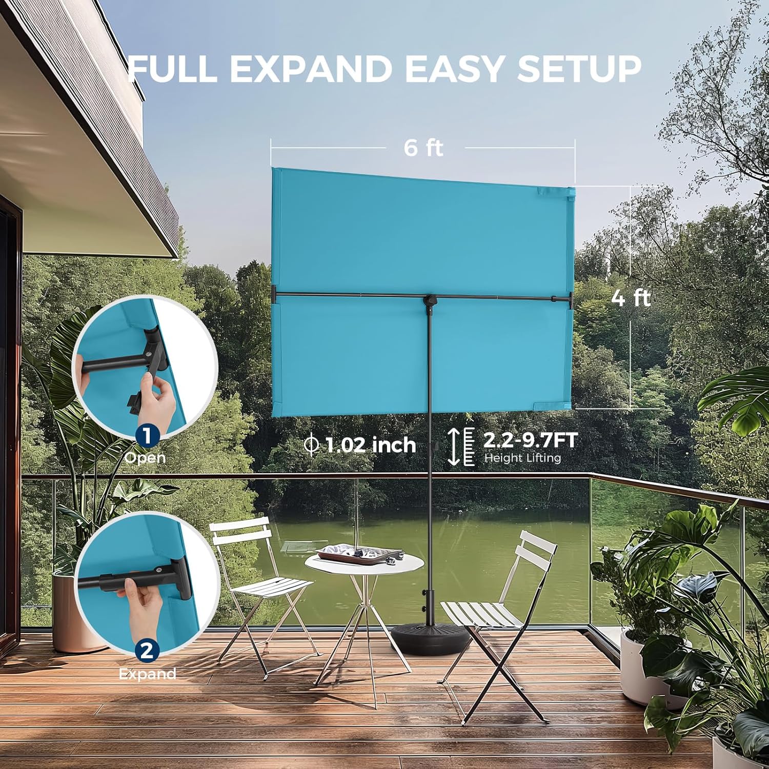 6x4 Feet Rectangular Balcony Patio Umbrella UPF50+ UV Protection with 360° Rotation & Tilt  (No Base)