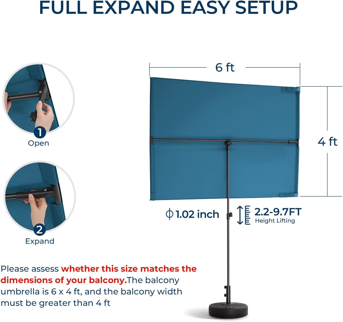 6x4 Feet Rectangular Balcony Patio Umbrella UPF50+ UV Protection with 360° Rotation & Tilt  (No Base)
