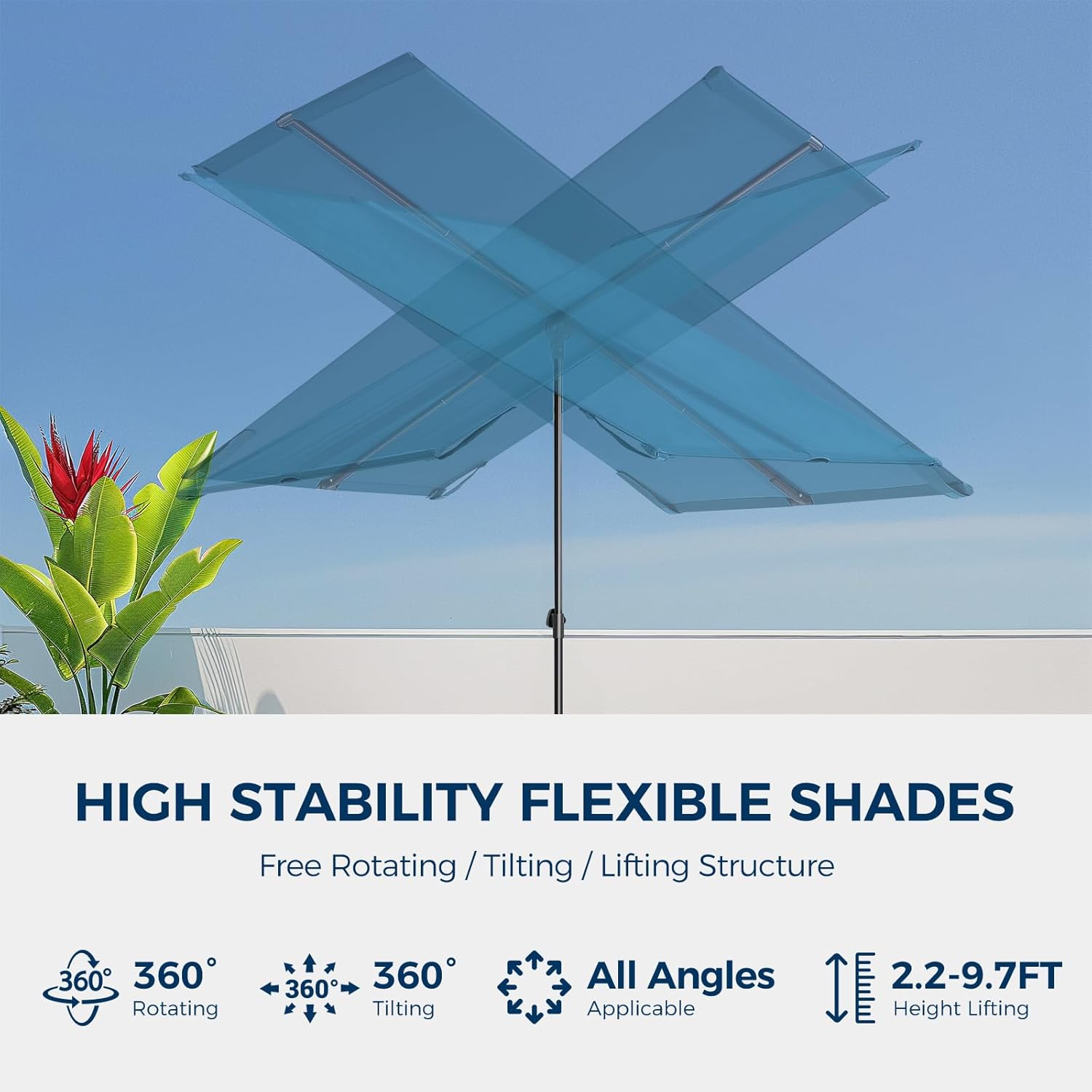 6x4 Feet Rectangular Balcony Patio Umbrella UPF50+ UV Protection with 360° Rotation & Tilt  (No Base)
