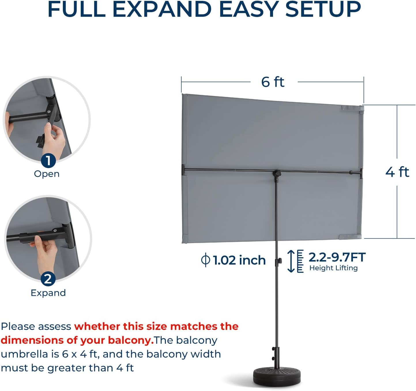 6x4 Feet Rectangular Balcony Patio Umbrella UPF50+ UV Protection with 360° Rotation & Tilt  (No Base)