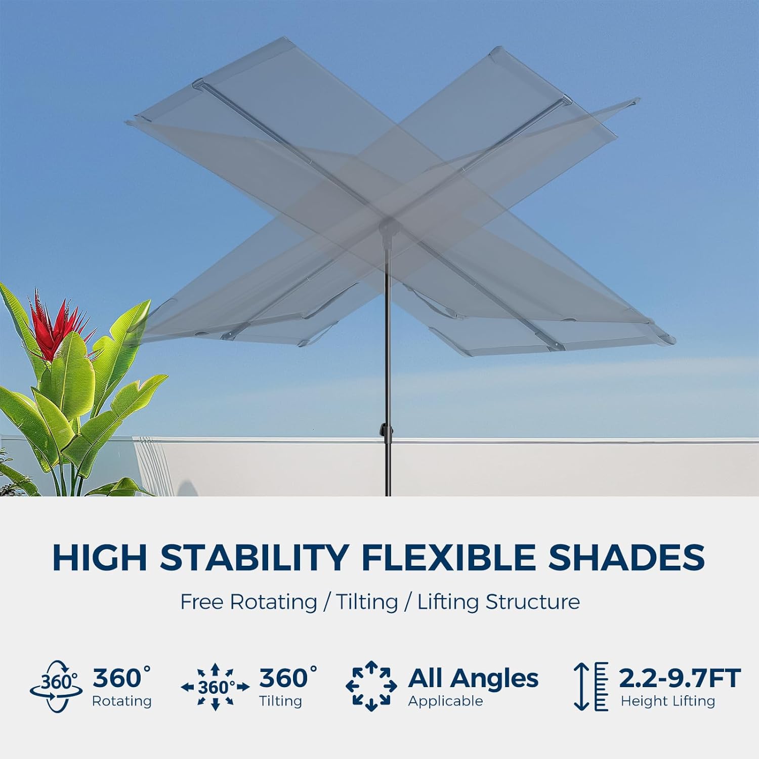 6x4 Feet Rectangular Balcony Patio Umbrella UPF50+ UV Protection with 360° Rotation & Tilt  (No Base)