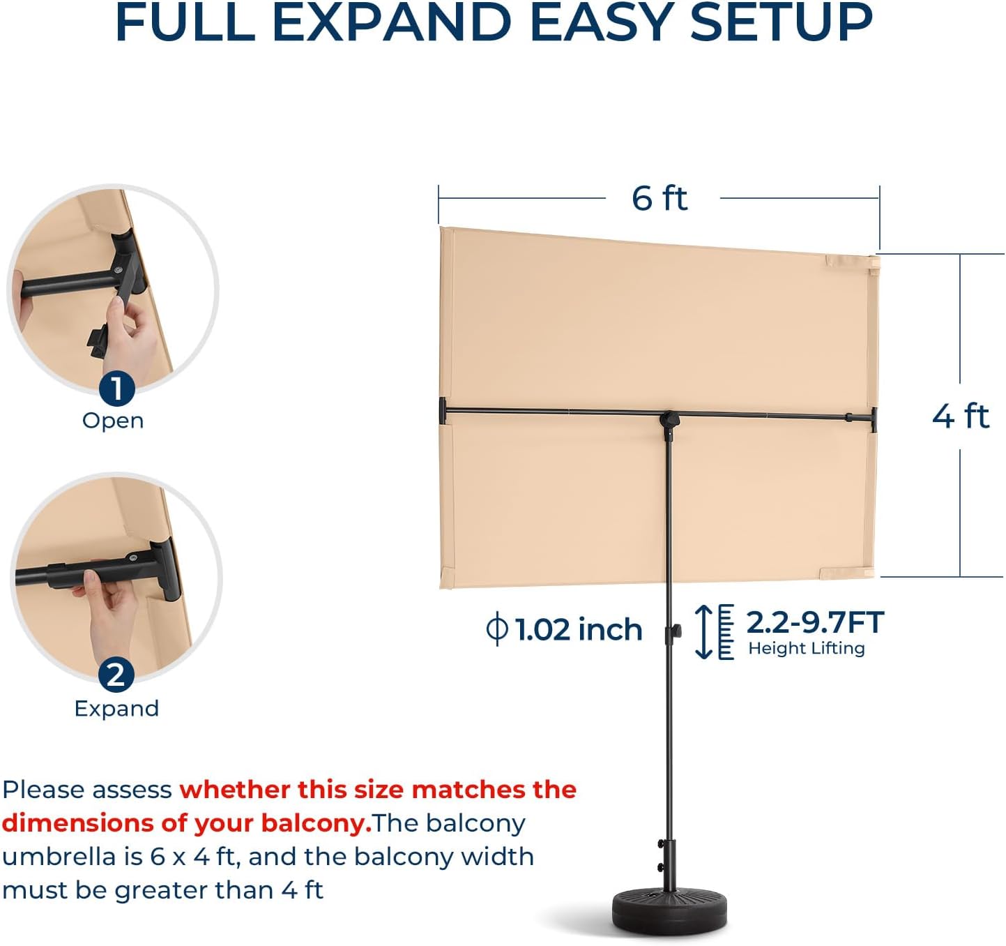 6x4 Feet Rectangular Balcony Patio Umbrella UPF50+ UV Protection with 360° Rotation & Tilt  (No Base)