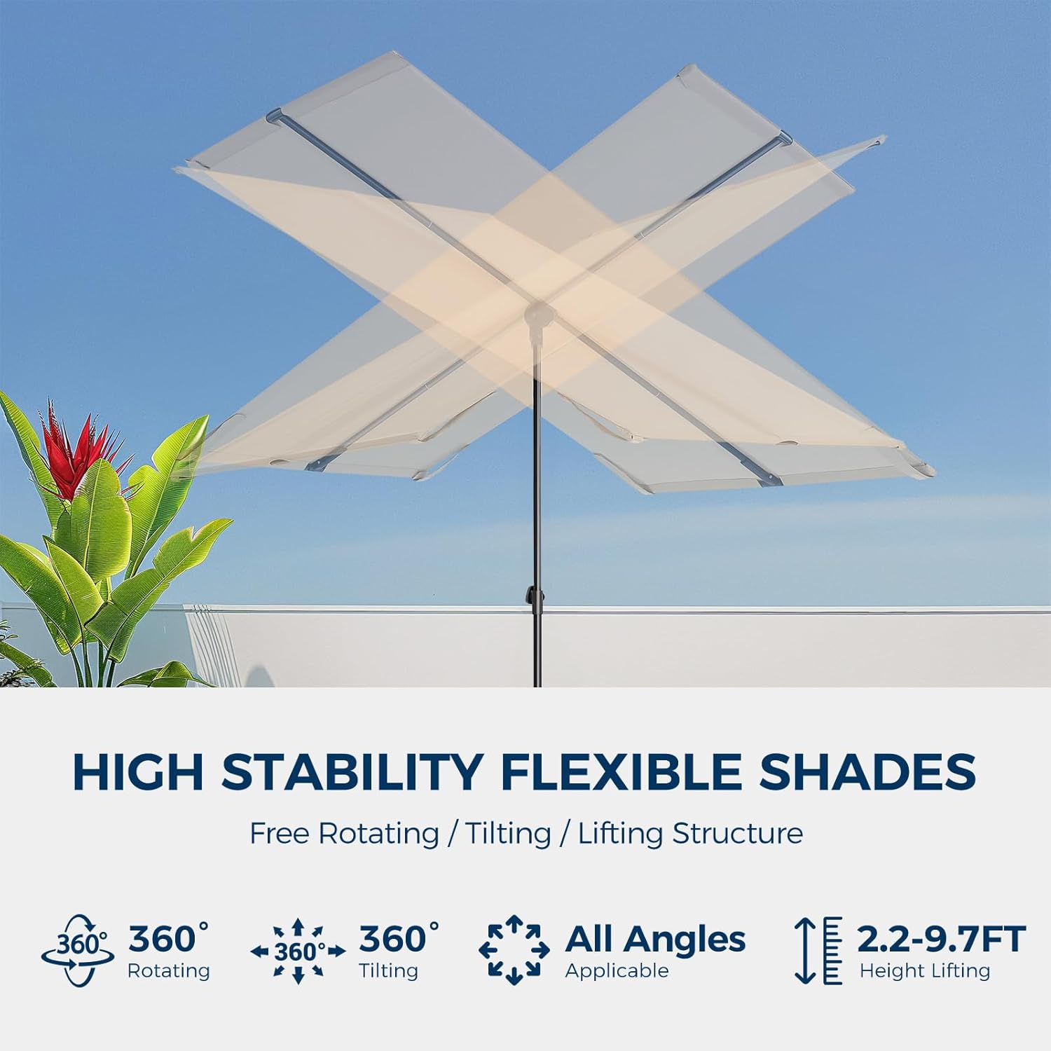 6x4 Feet Rectangular Balcony Patio Umbrella UPF50+ UV Protection with 360° Rotation & Tilt  (No Base)