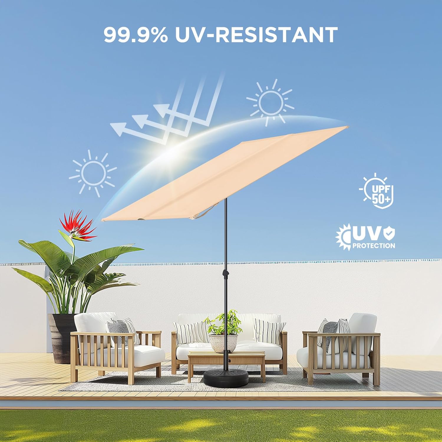 6x4 Feet Rectangular Balcony Patio Umbrella UPF50+ UV Protection with 360° Rotation & Tilt  (No Base)