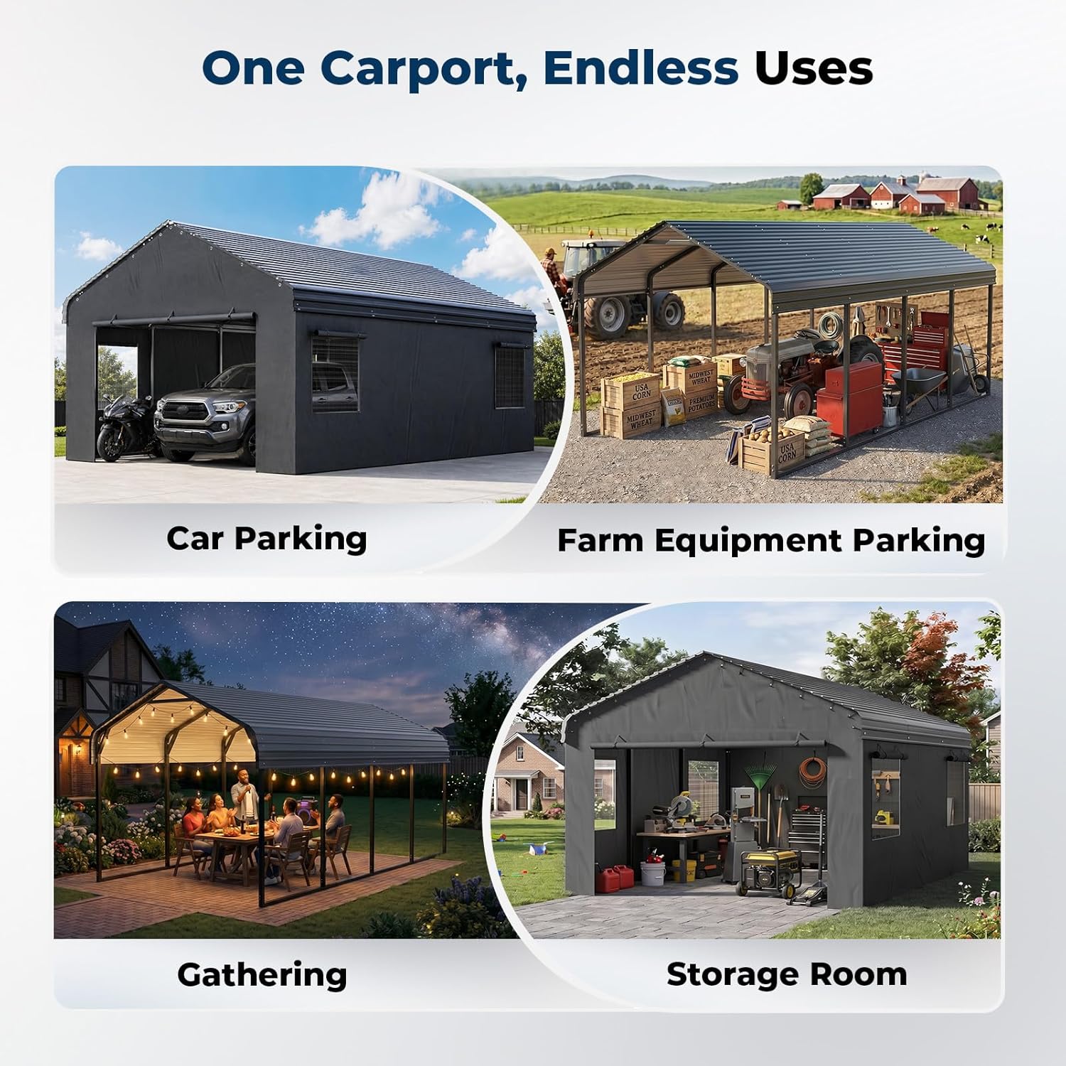 OT01 Heavy Duty Metal Carport, Galvanized Steel Roof Car Port Garage