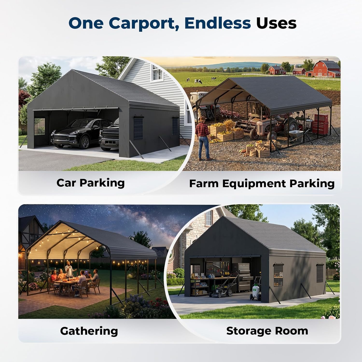 OT01 Heavy Duty Metal Carport, Galvanized Steel Roof Car Port Garage