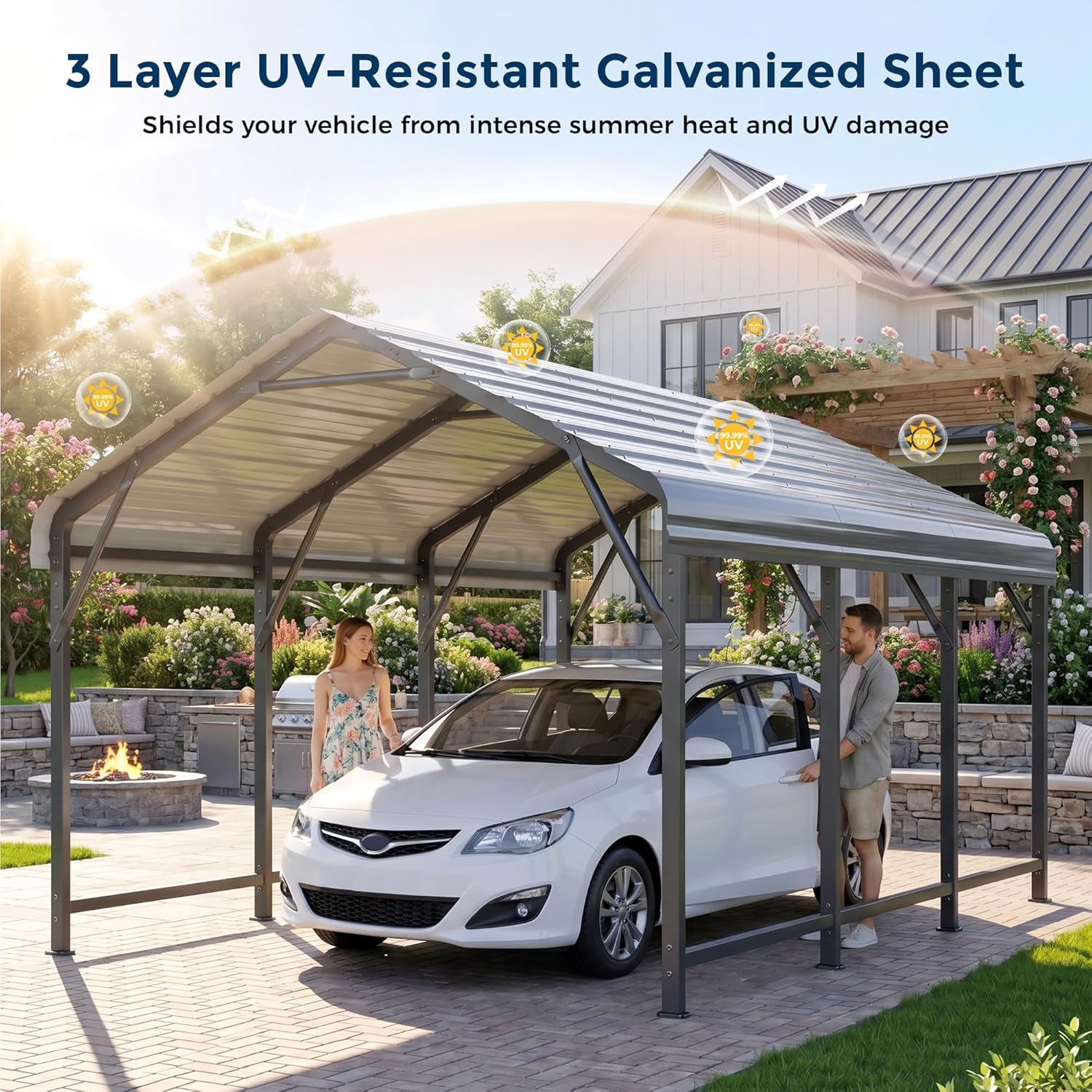 OT01 Heavy Duty Metal Carport, Galvanized Steel Roof Car Port Garage