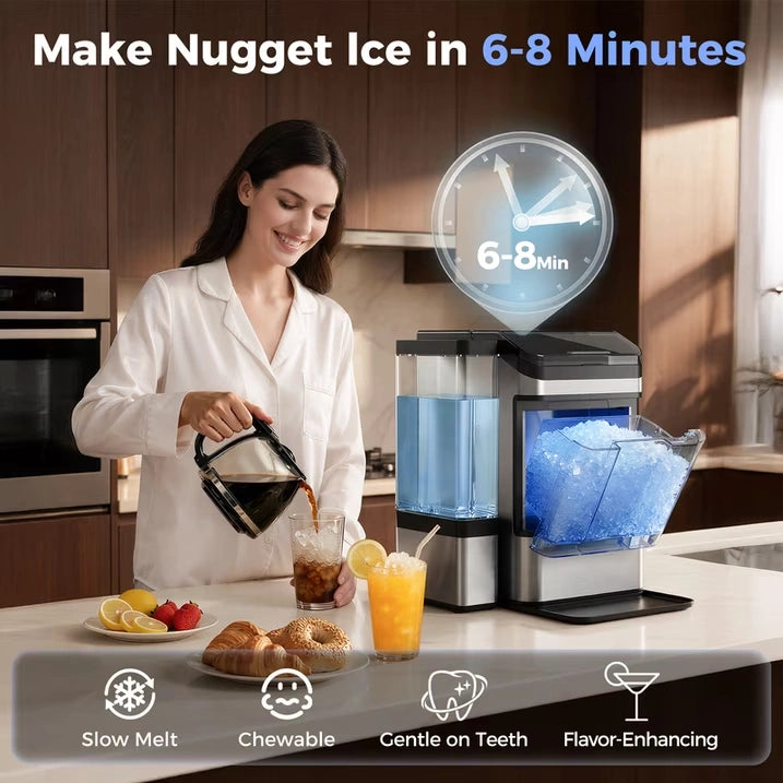 Ice Maker Countertop, Nugget Ice in 6 Mins, 44LBS/Day Chewable Ice Machine with Self-Cleaning, Large Water Tank for Home, Kitchen, Party, Camping