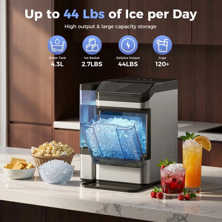 Ice Maker Countertop, Nugget Ice in 6 Mins, 44LBS/Day Chewable Ice Machine with Self-Cleaning, Large Water Tank for Home, Kitchen, Party, Camping