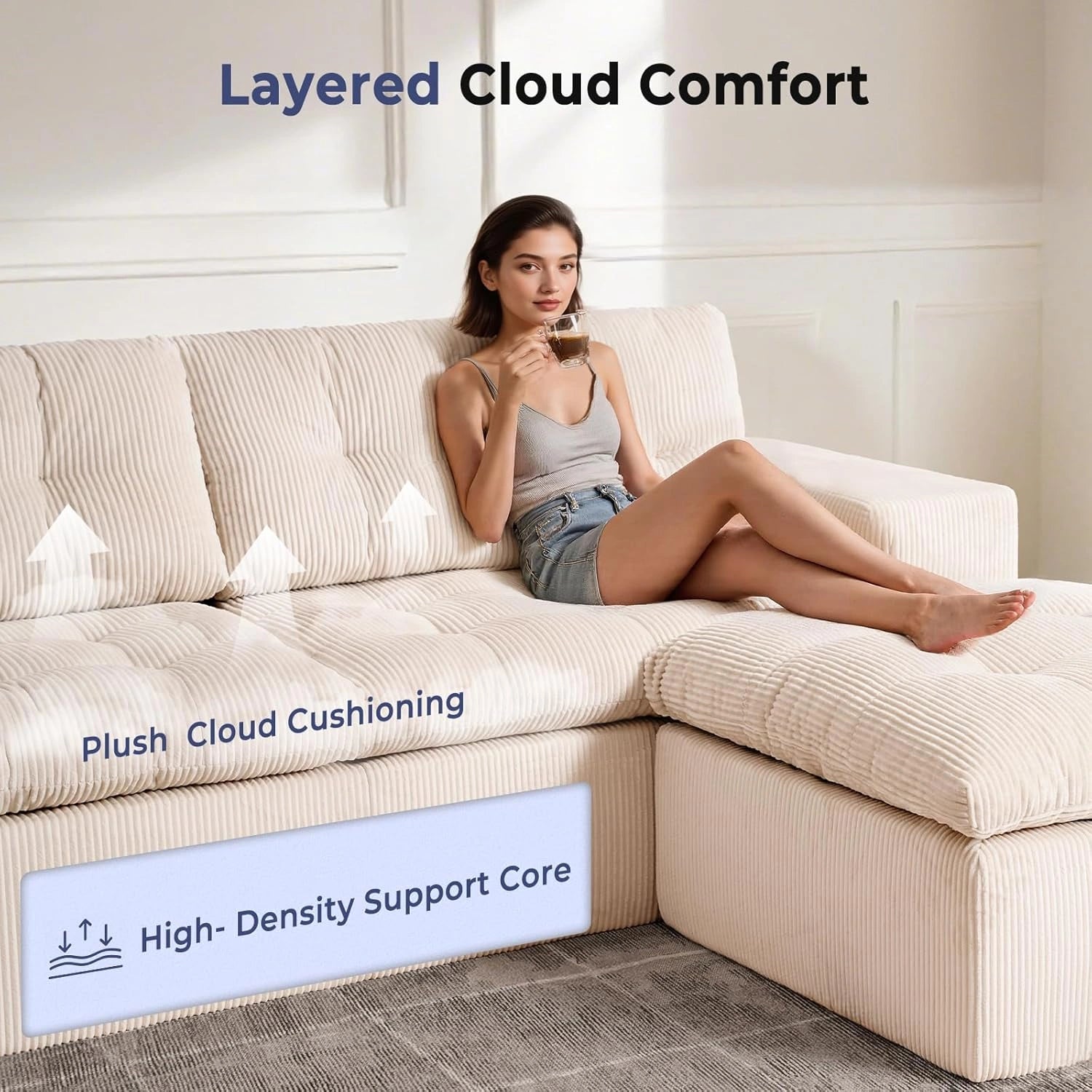 85 Inch L-Shaped Cloud Sectional Boneless Sofa