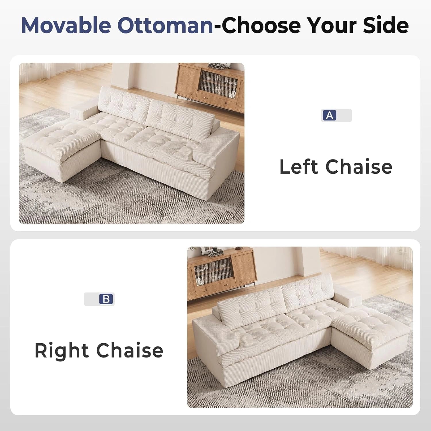 85 Inch L-Shaped Cloud Sectional Boneless Sofa