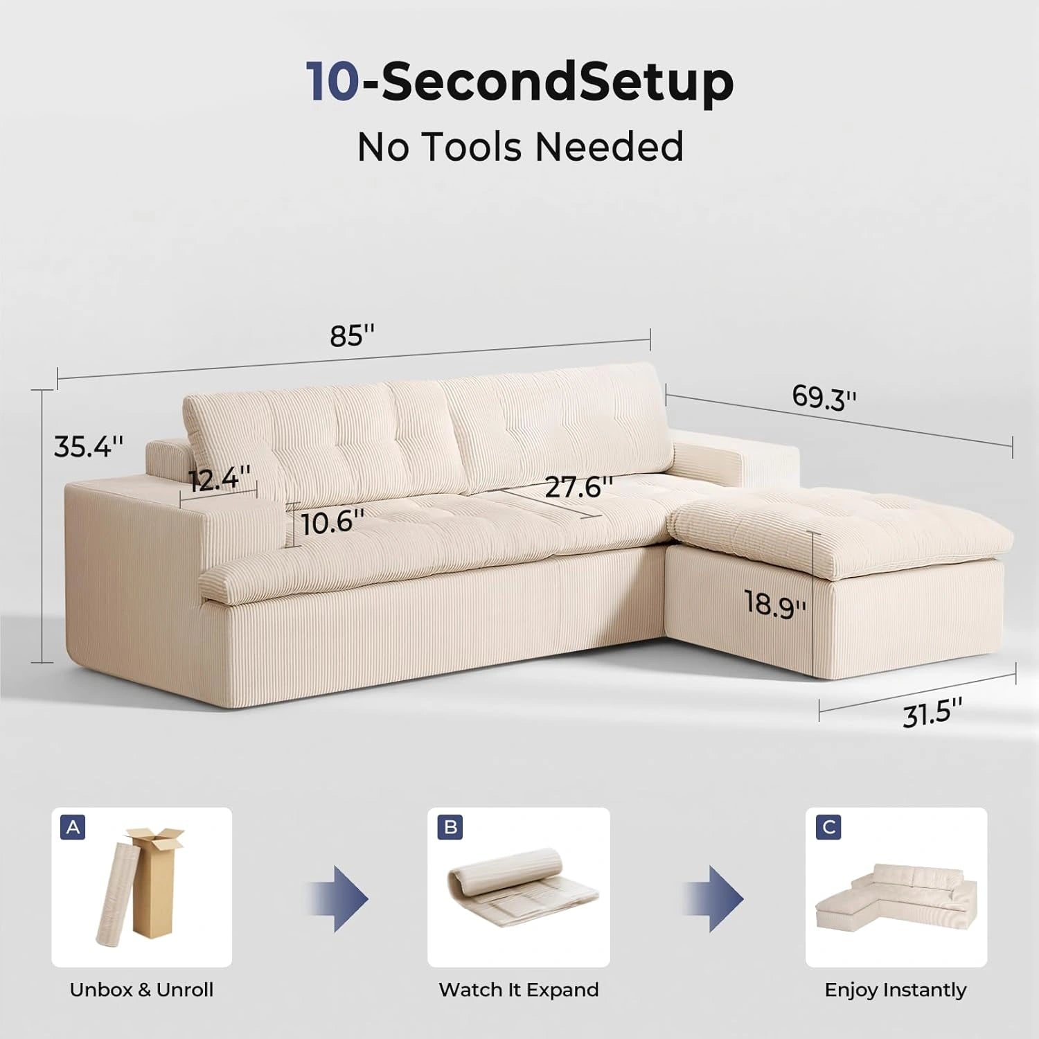 85 Inch L-Shaped Cloud Sectional Boneless Sofa