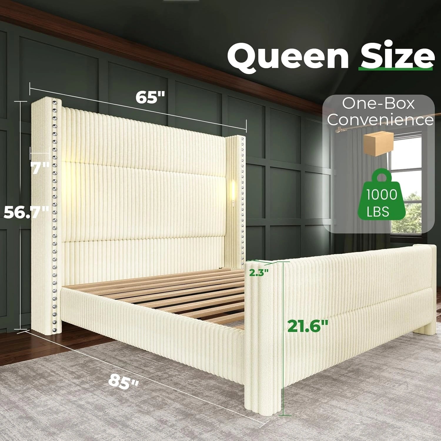 Bed Frame with 56.7" Tall Headboard & Reading Lights