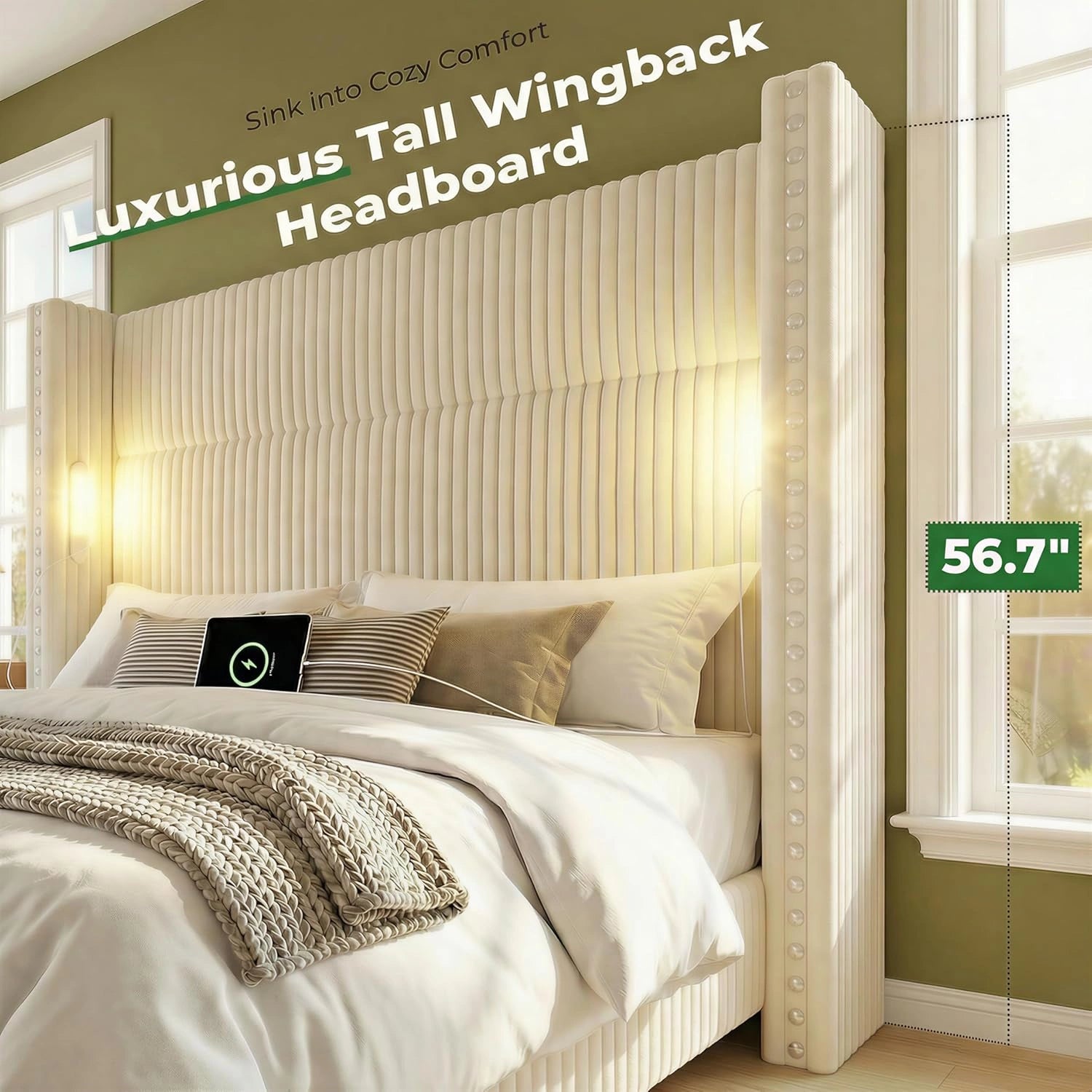 Bed Frame with 56.7" Tall Headboard & Reading Lights