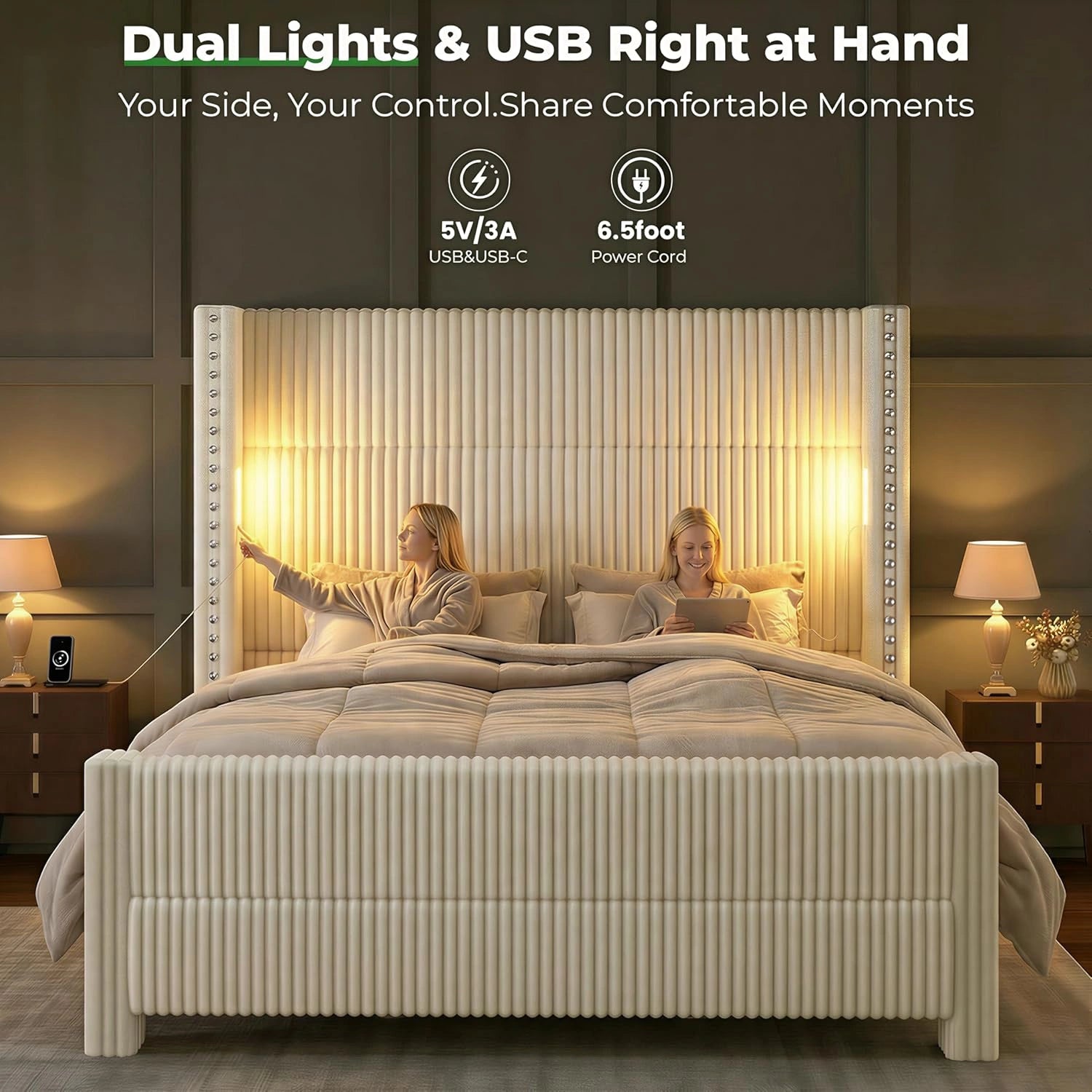 Bed Frame with 56.7" Tall Headboard & Reading Lights