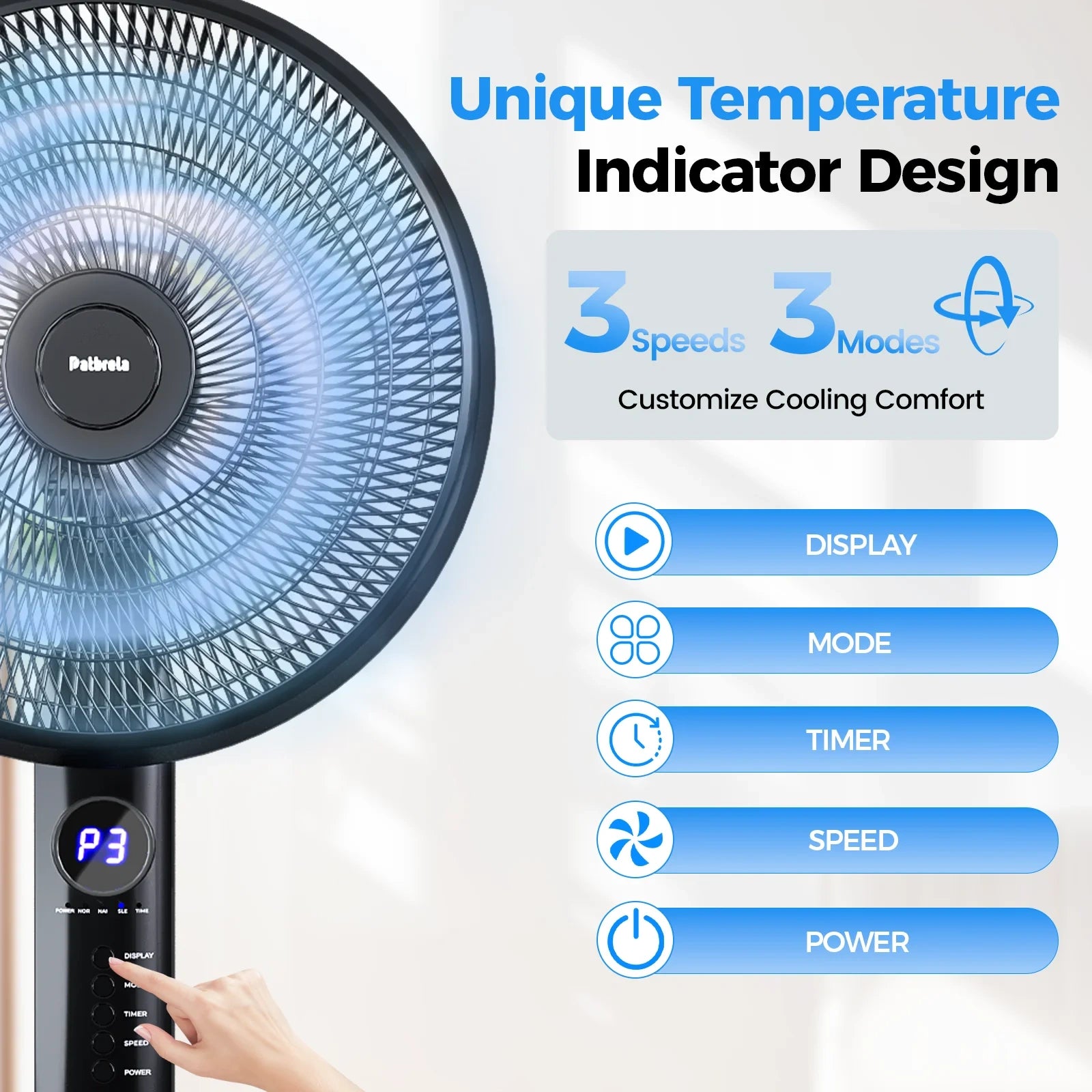 16" 3-Speed Stand up Fan with Adjustable Height and Tilt