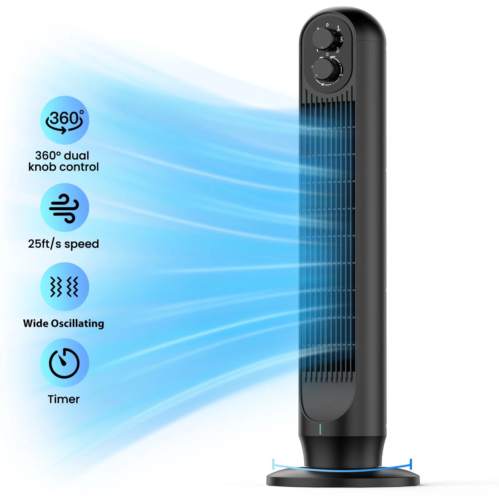 31 Inch Oscillating Tower Fan with 360° Dual Knob Control