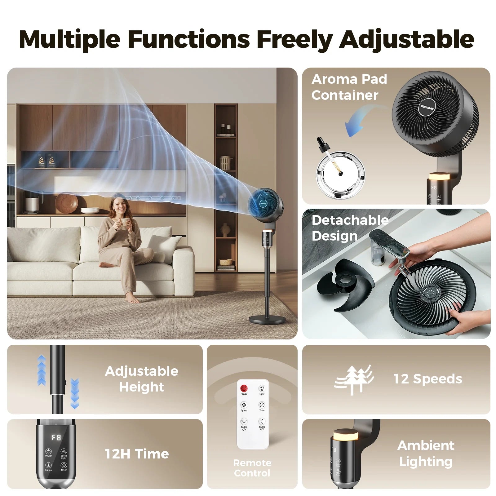 12 Inch Pedestal Fan with Remote & RGB Light