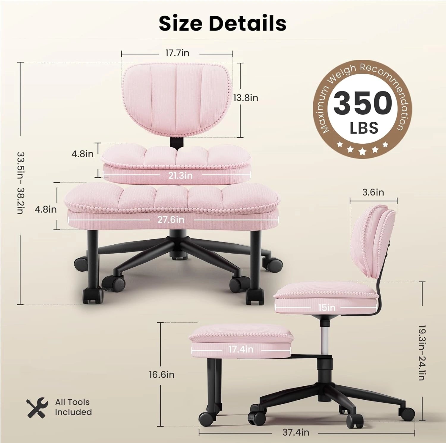 Cross-Legged Office Chair with Corduroy Seat-Pink/White