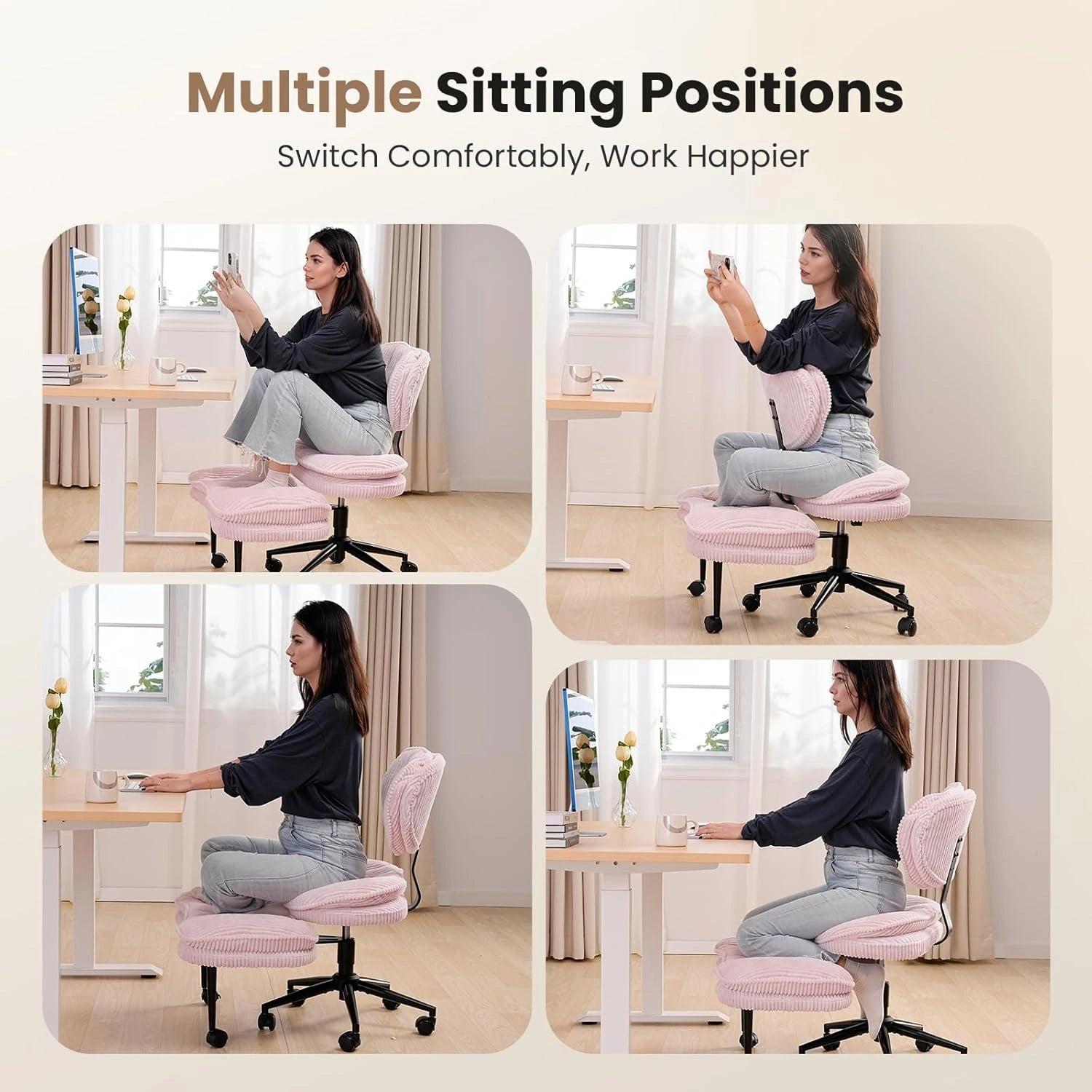 Cross-Legged Office Chair with Corduroy Seat-Pink/White