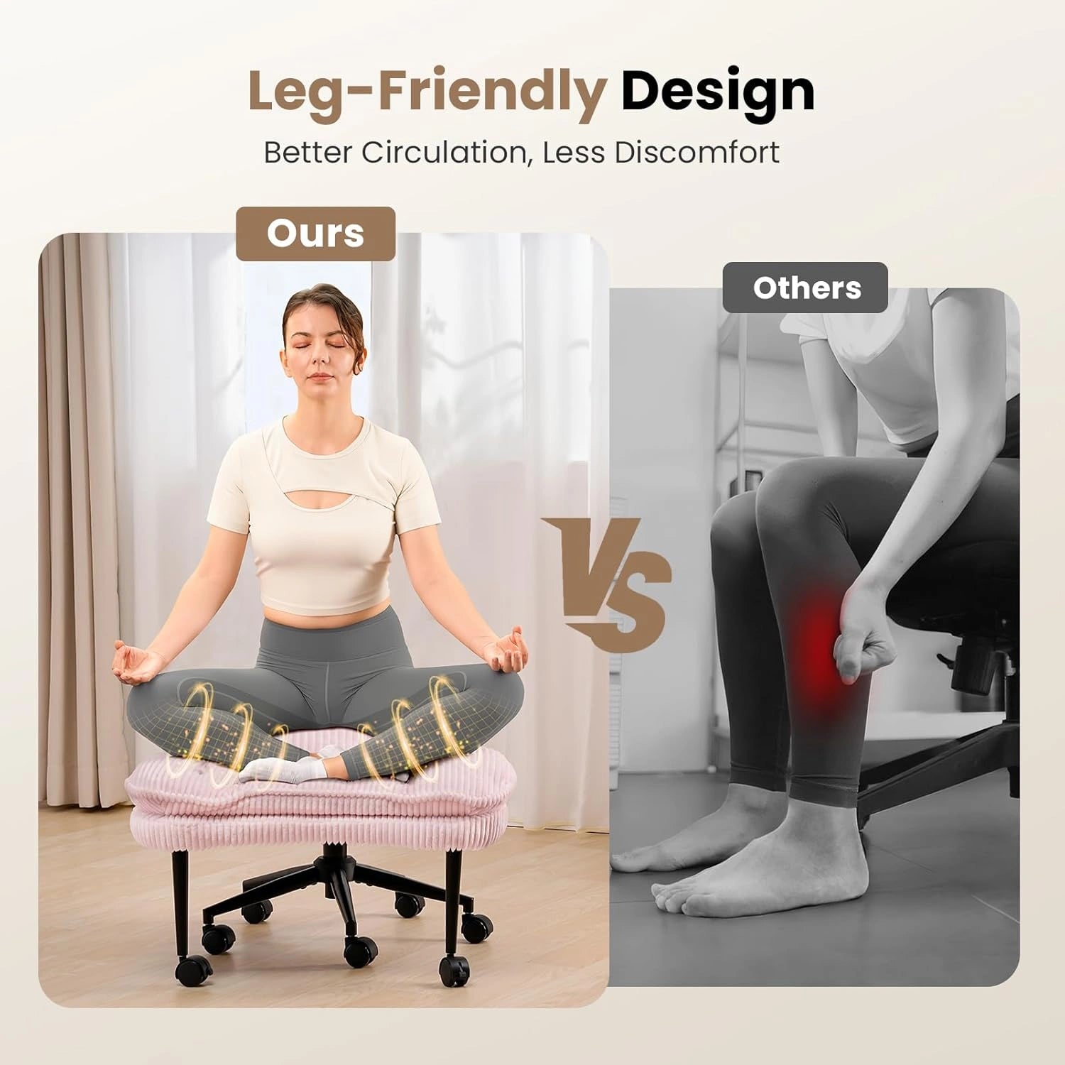 Cross-Legged Office Chair with Corduroy Seat-Pink/White