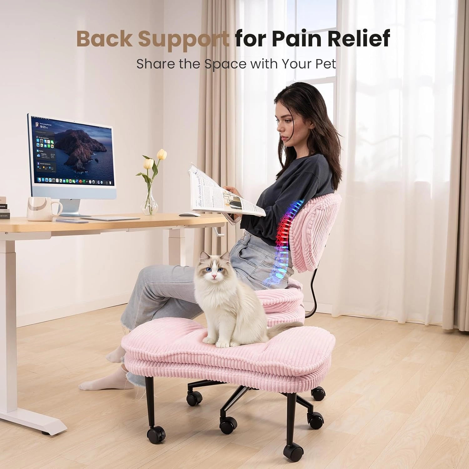 Cross-Legged Office Chair with Corduroy Seat-Pink/White