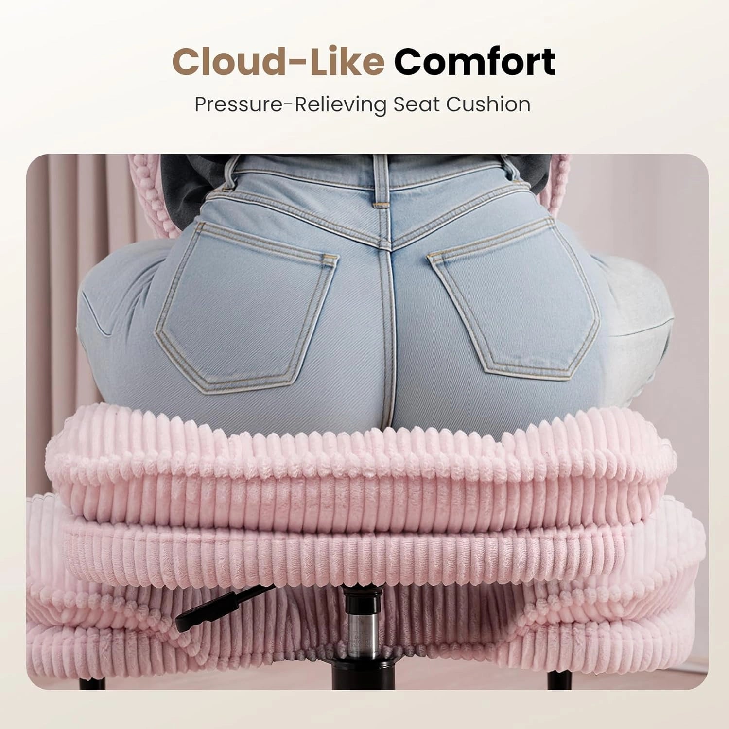 Cross-Legged Office Chair with Corduroy Seat-Pink/White