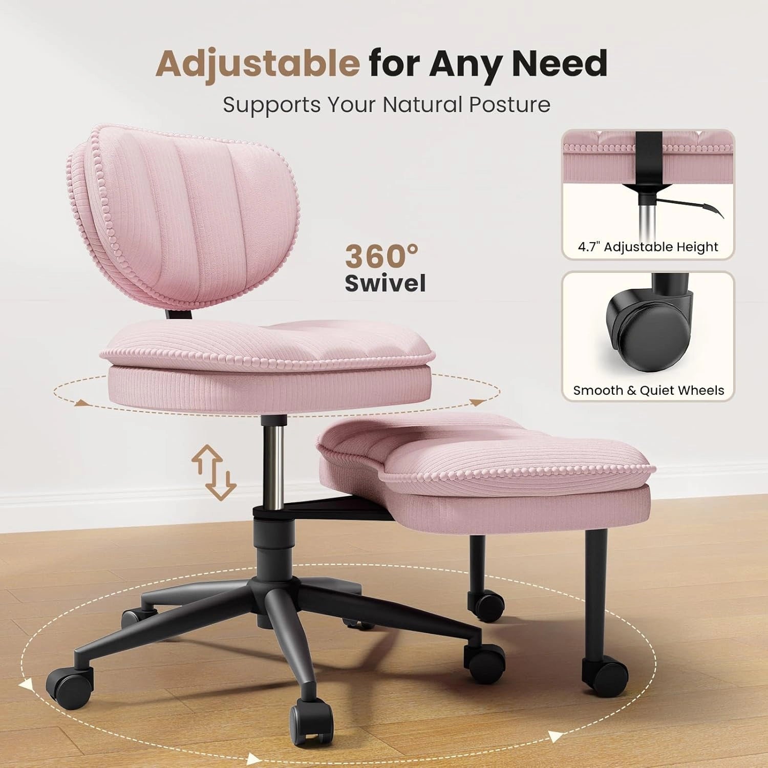 Cross-Legged Office Chair with Corduroy Seat-Pink/White