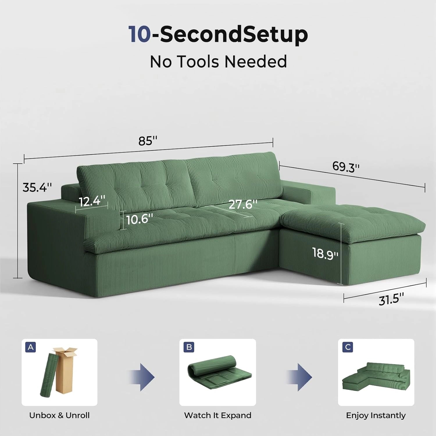 85 Inch L-Shaped Cloud Sectional Boneless Sofa