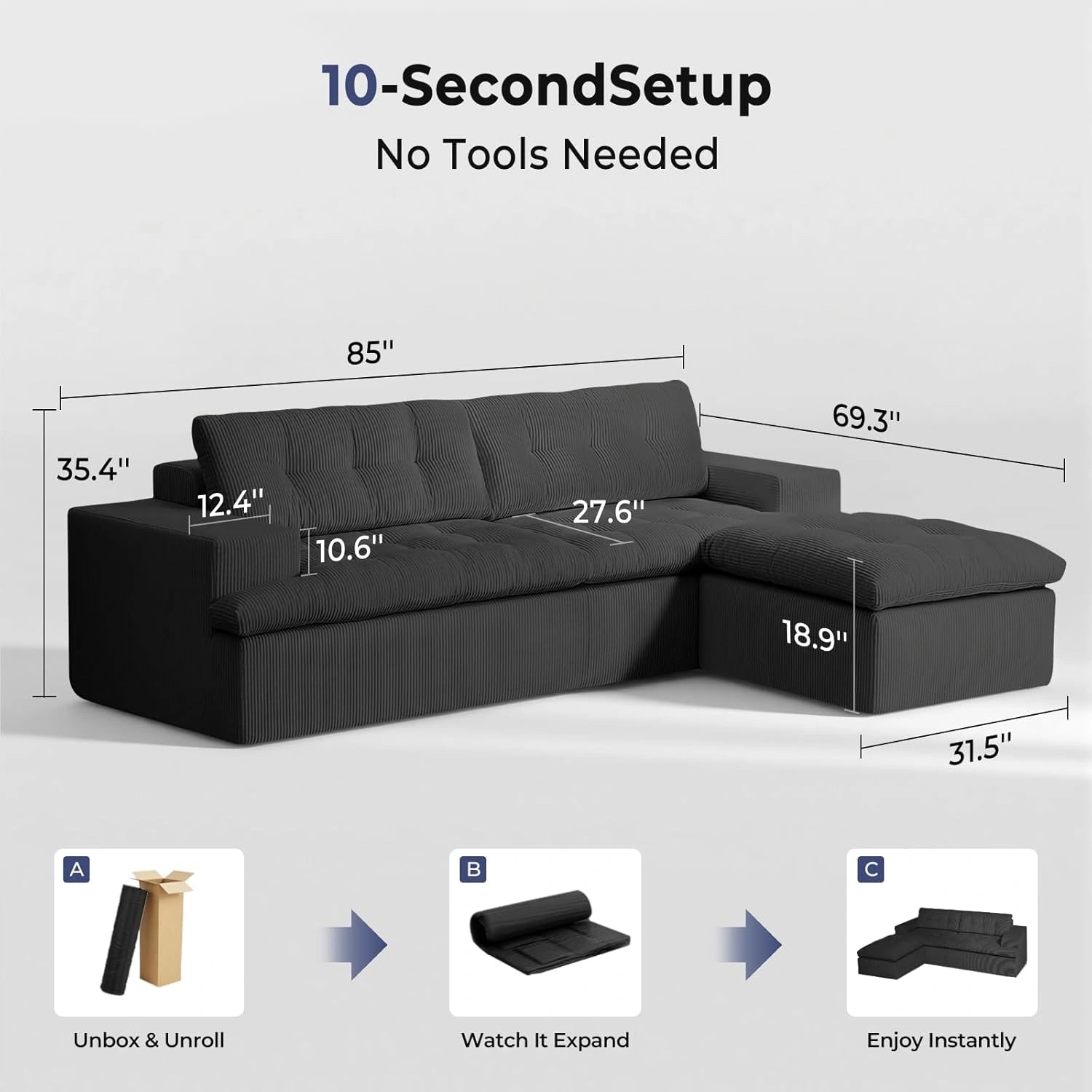 85 Inch L-Shaped Cloud Sectional Boneless Sofa