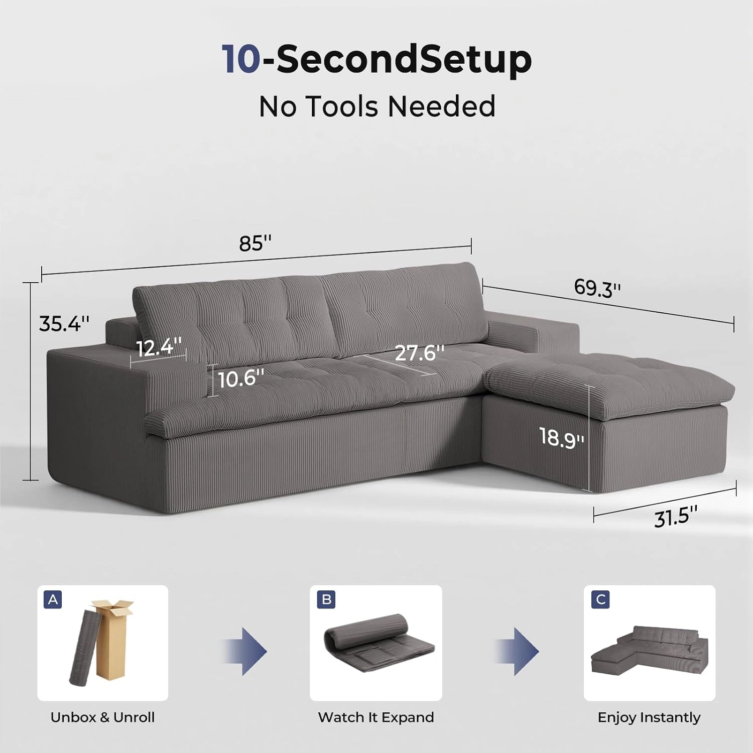 85 Inch L-Shaped Cloud Sectional Boneless Sofa
