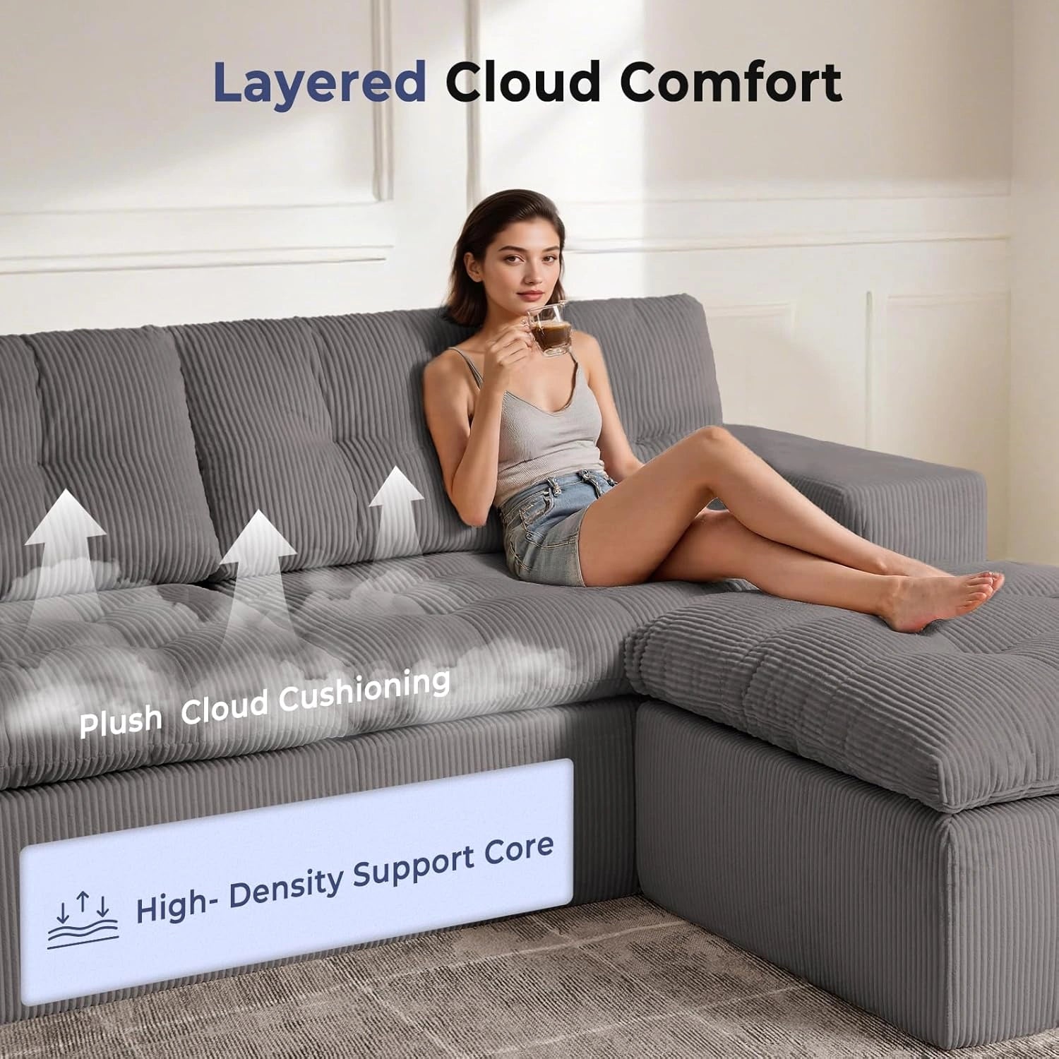 85 Inch L-Shaped Cloud Sectional Boneless Sofa
