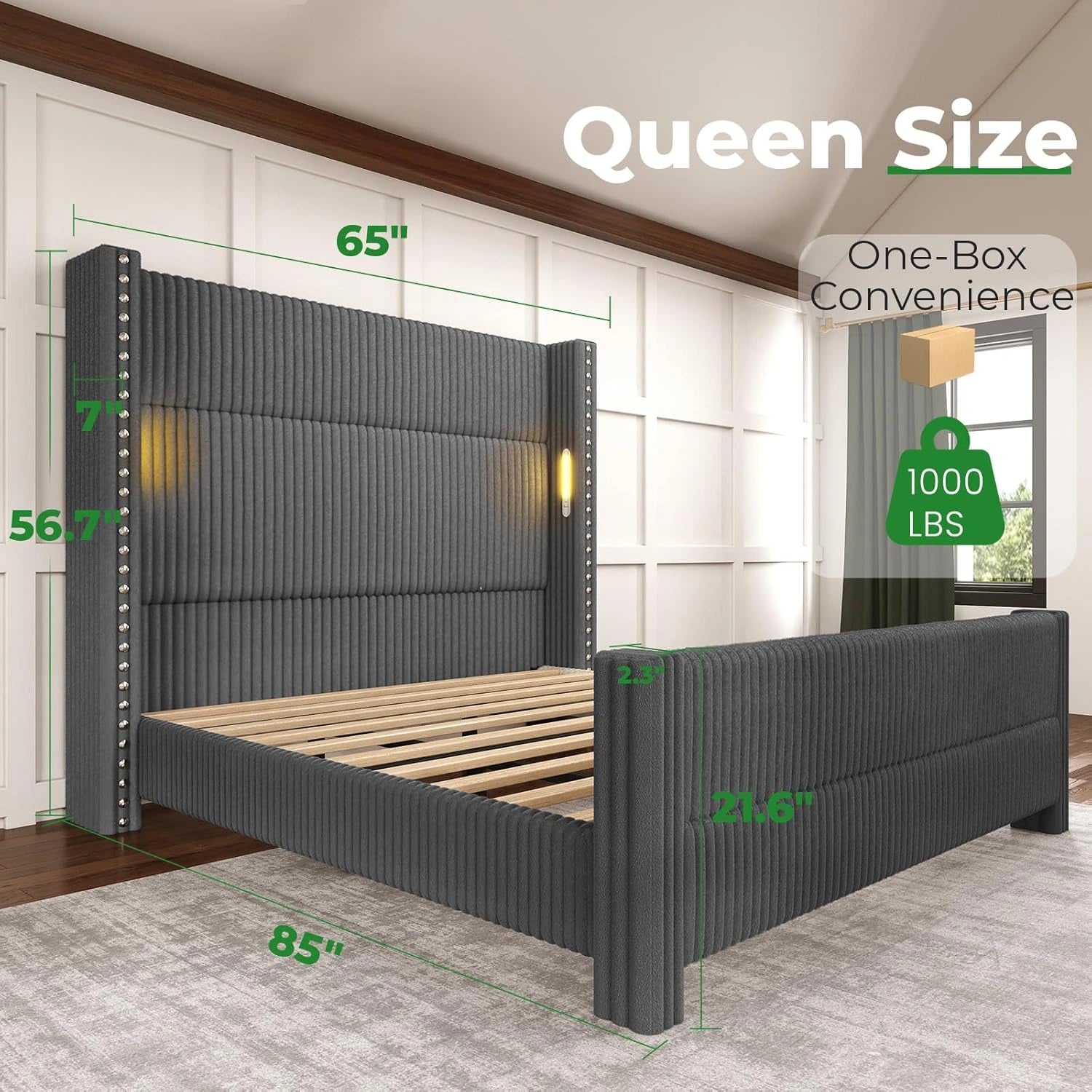 Bed Frame with 56.7" Tall Headboard & Reading Lights