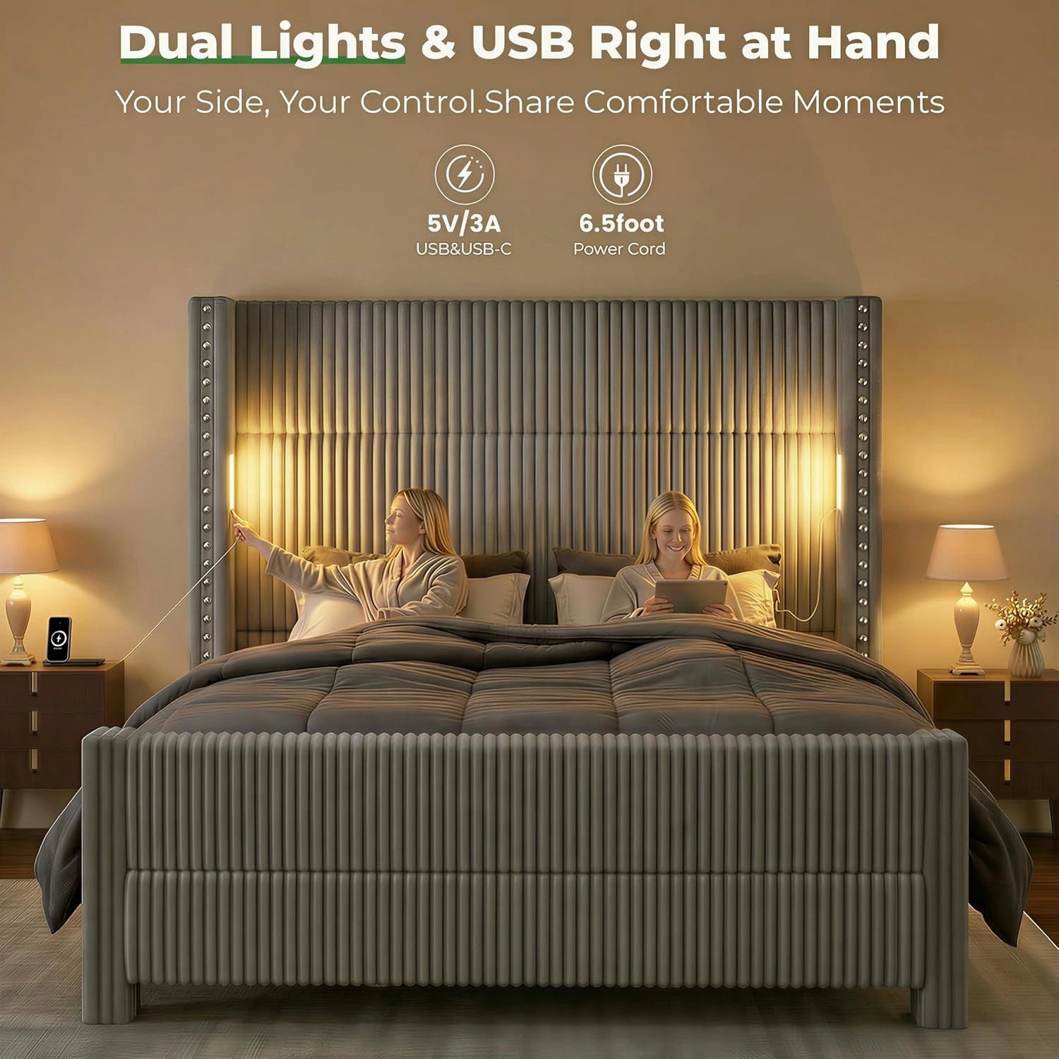 Bed Frame with 56.7" Tall Headboard & Reading Lights