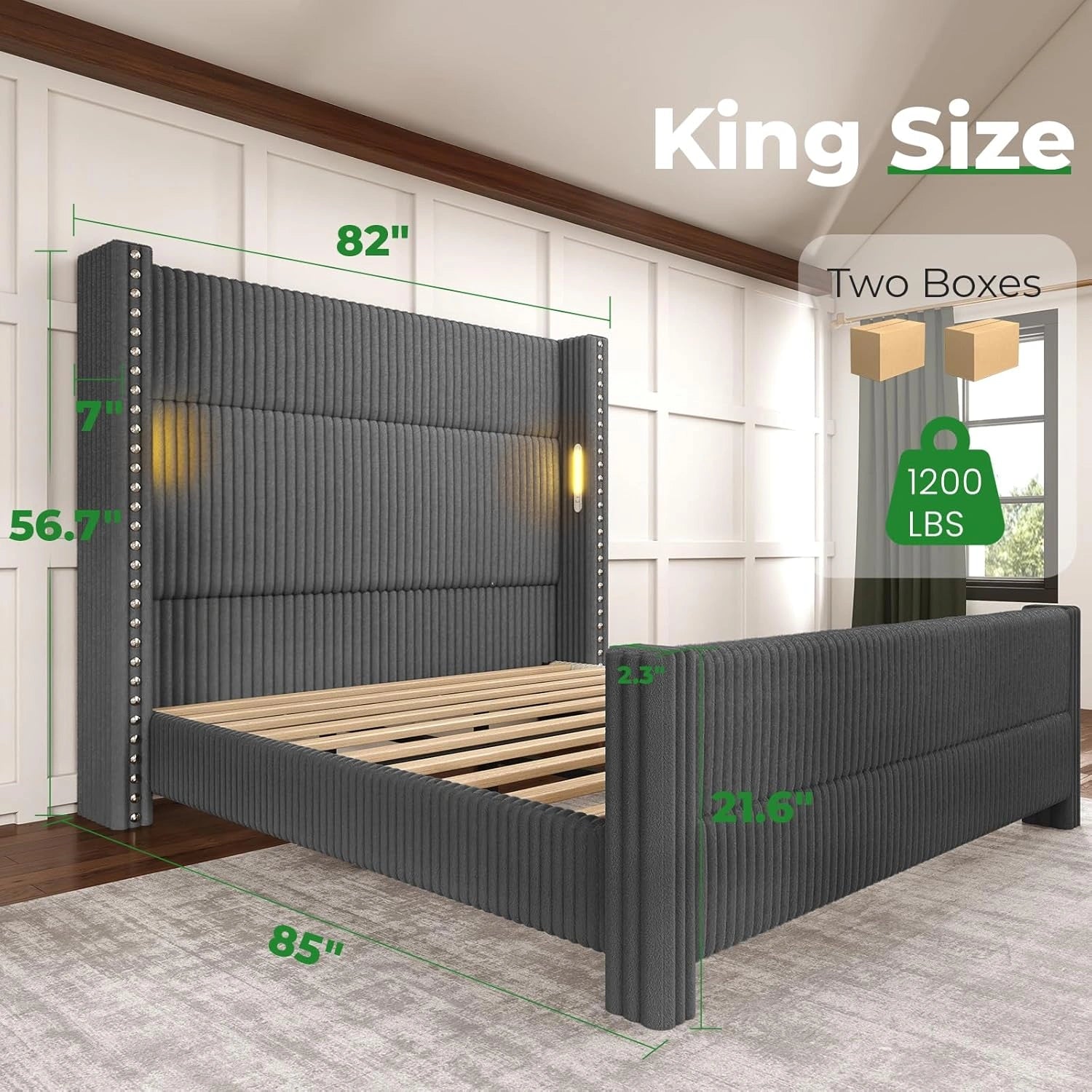 Bed Frame with 56.7" Tall Headboard & Reading Lights