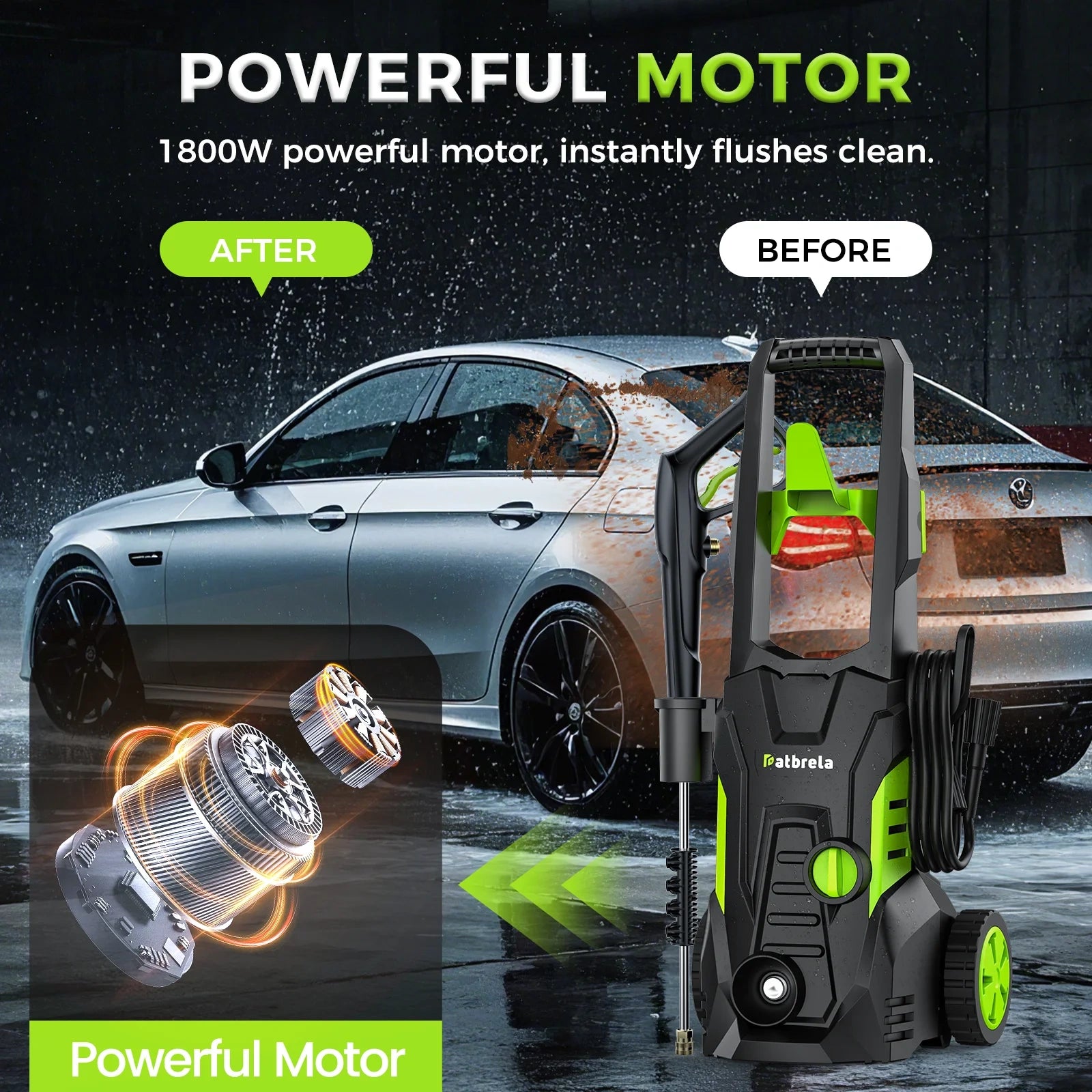 1800W Electric Pressure Washer, 5000PSI Max 3.0 GPM with 4 Nozzles, Portable High Pressure Cleaning Machine Washer with 25FT Cord, 23FT Hose, for Cars, Driveways, Fences, Patios - Green