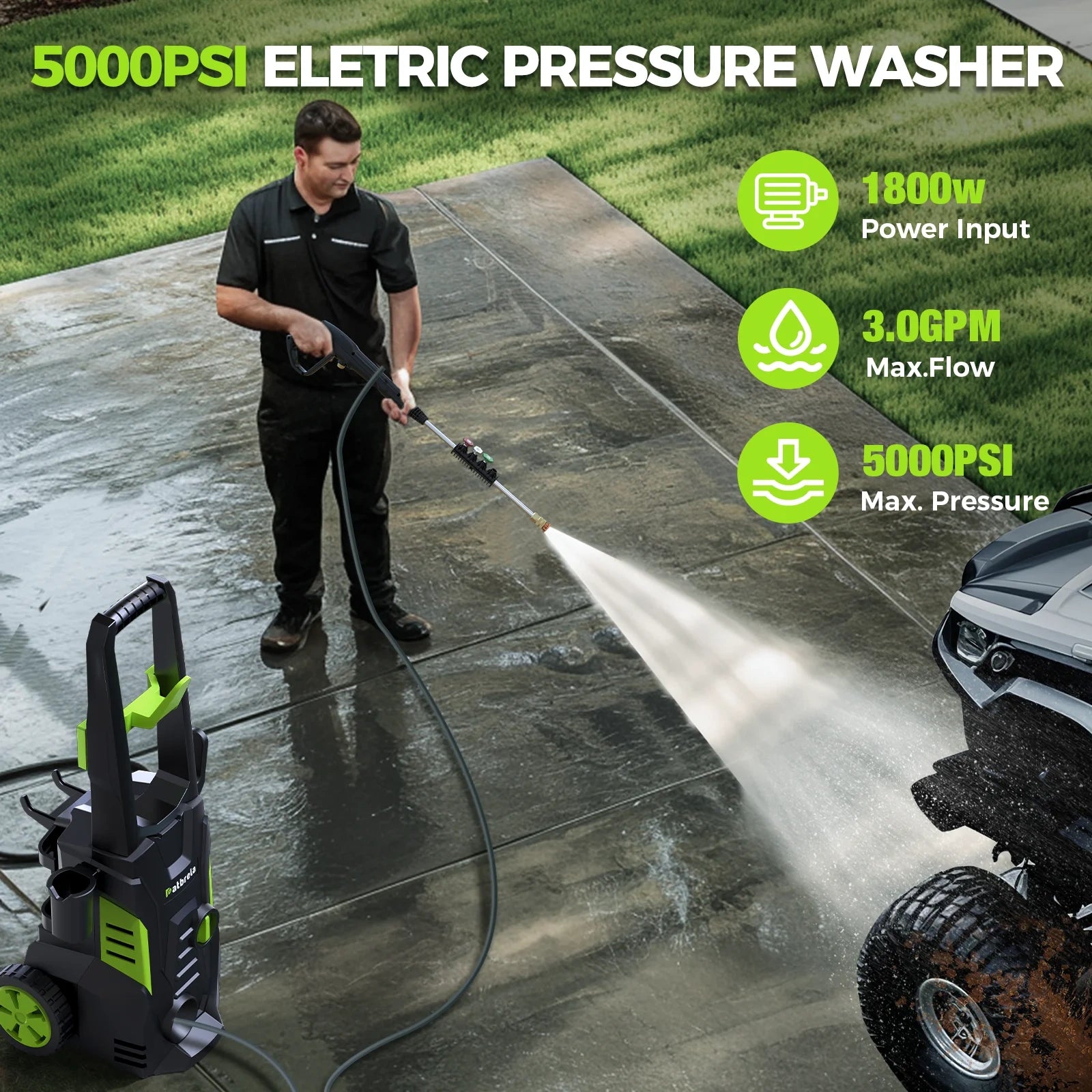 1800W Electric Pressure Washer, 5000PSI Max 3.0 GPM with 4 Nozzles, Portable High Pressure Cleaning Machine Washer with 25FT Cord, 23FT Hose, for Cars, Driveways, Fences, Patios - Green