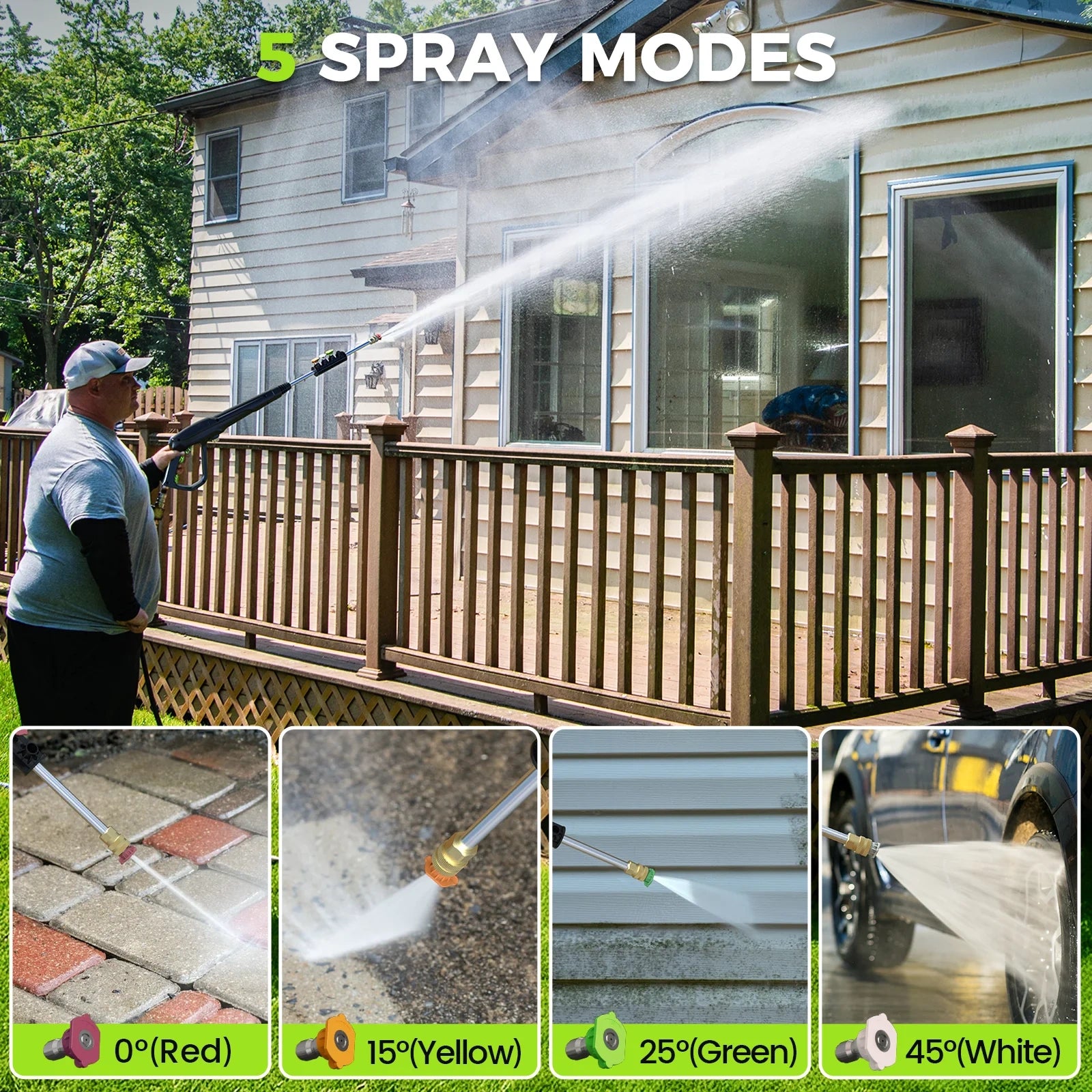 1800W Electric Pressure Washer, 5000PSI Max 3.0 GPM with 4 Nozzles, Portable High Pressure Cleaning Machine Washer with 25FT Cord, 23FT Hose, for Cars, Driveways, Fences, Patios - Green