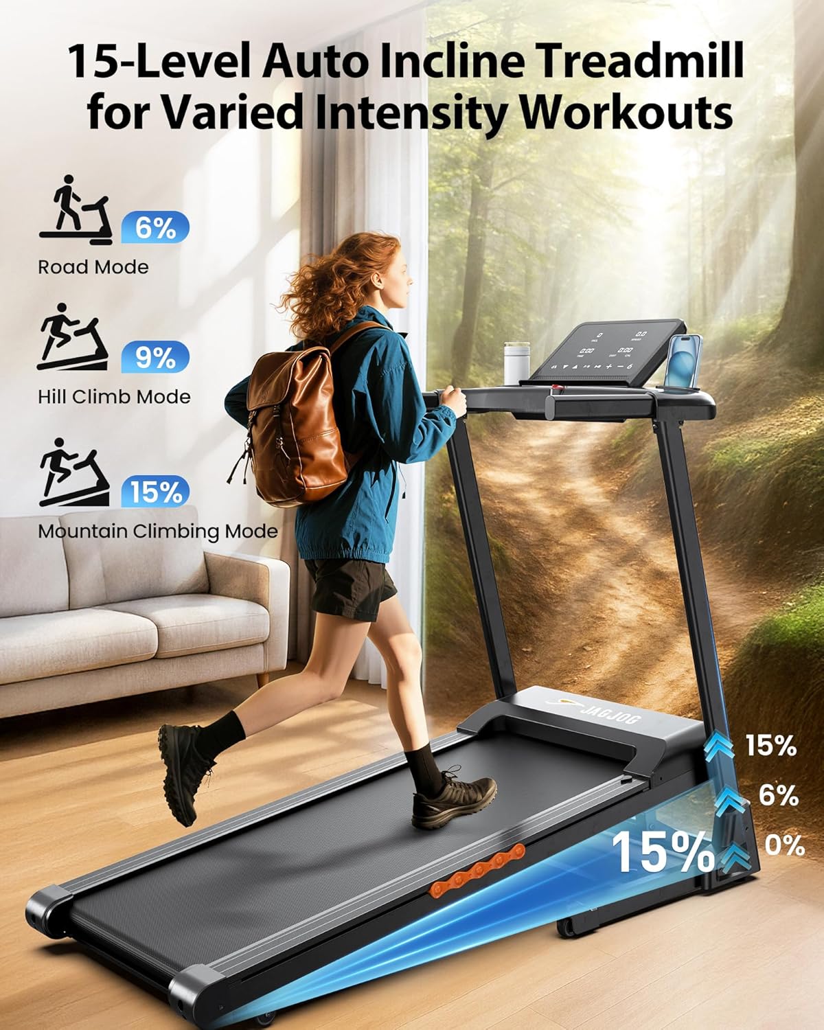 JT61 Treadmills for Home with 15% Auto Incline, Smart App Folding Treadmill