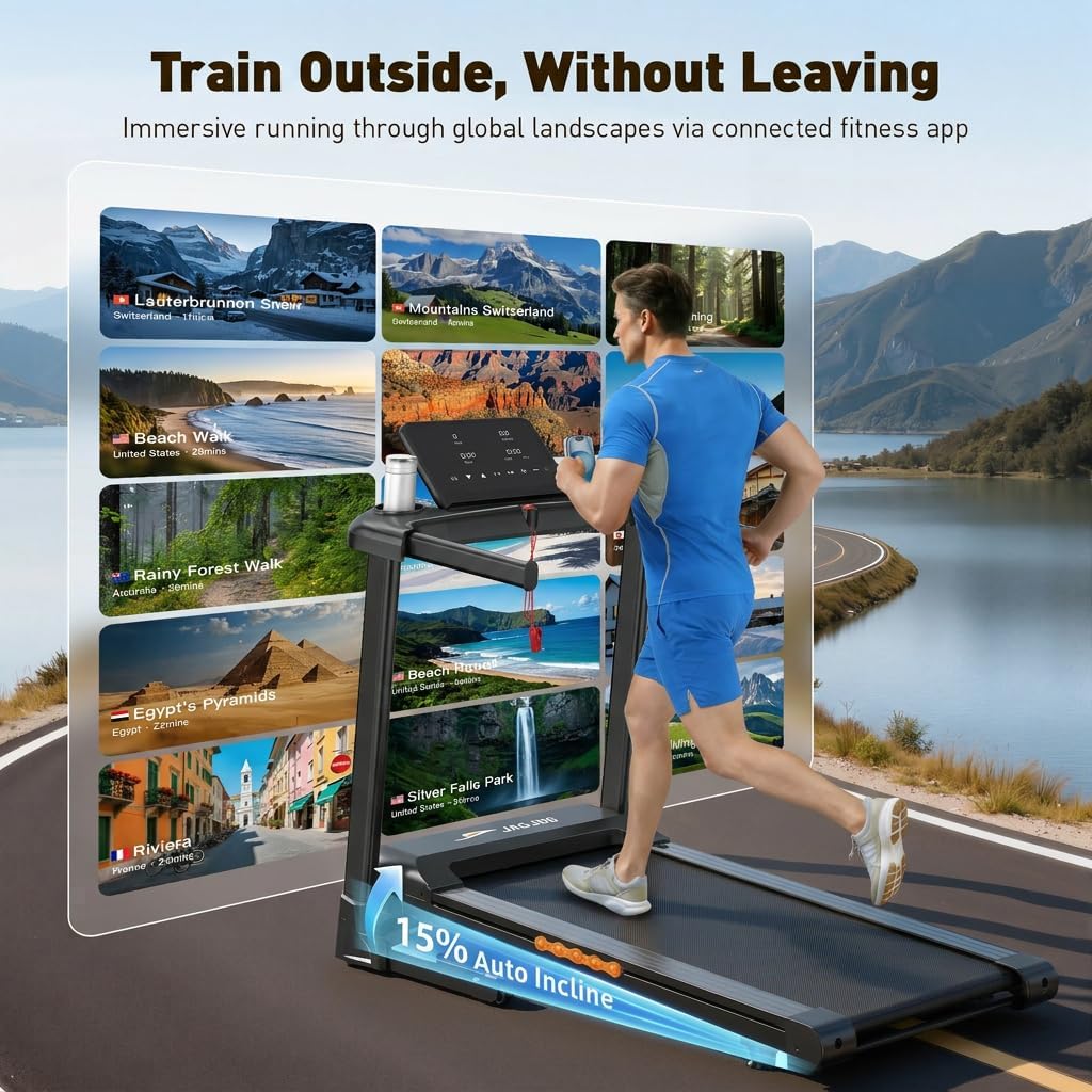 JT61 Treadmills for Home with 15% Auto Incline, Smart App Folding Treadmill