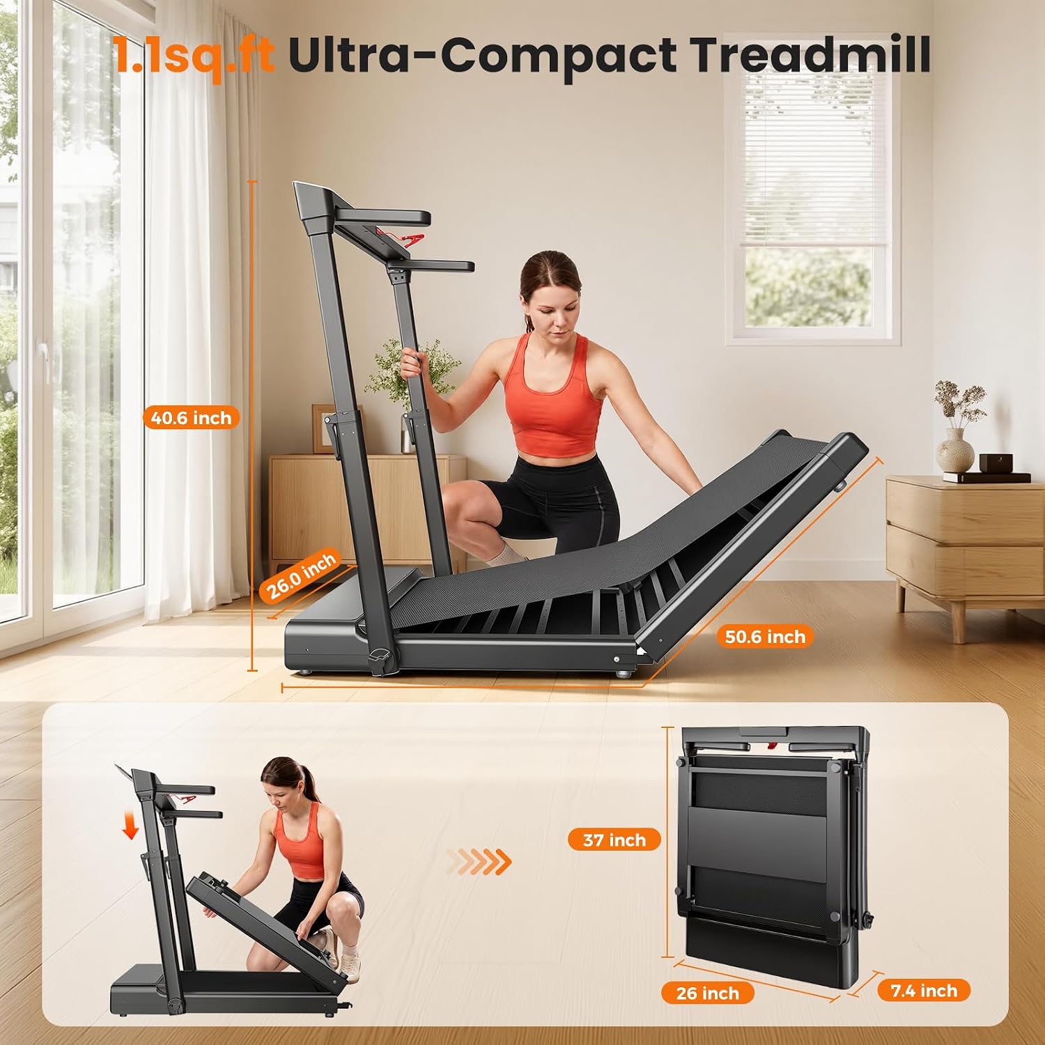 JT57 Folding Treadmill for Home, 300LB Capacity Smart Vertical Storage Machine
