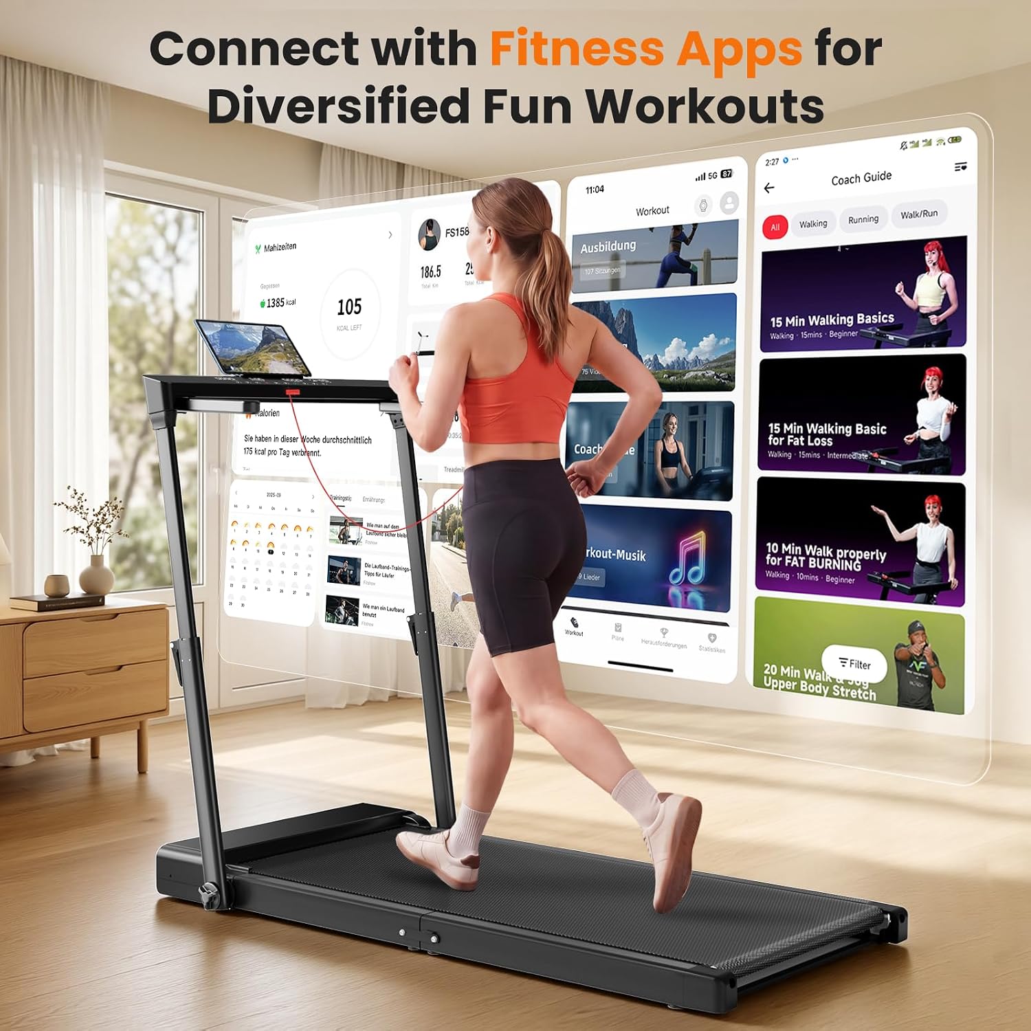 JT57 Folding Treadmill for Home, 300LB Capacity Smart Vertical Storage Machine